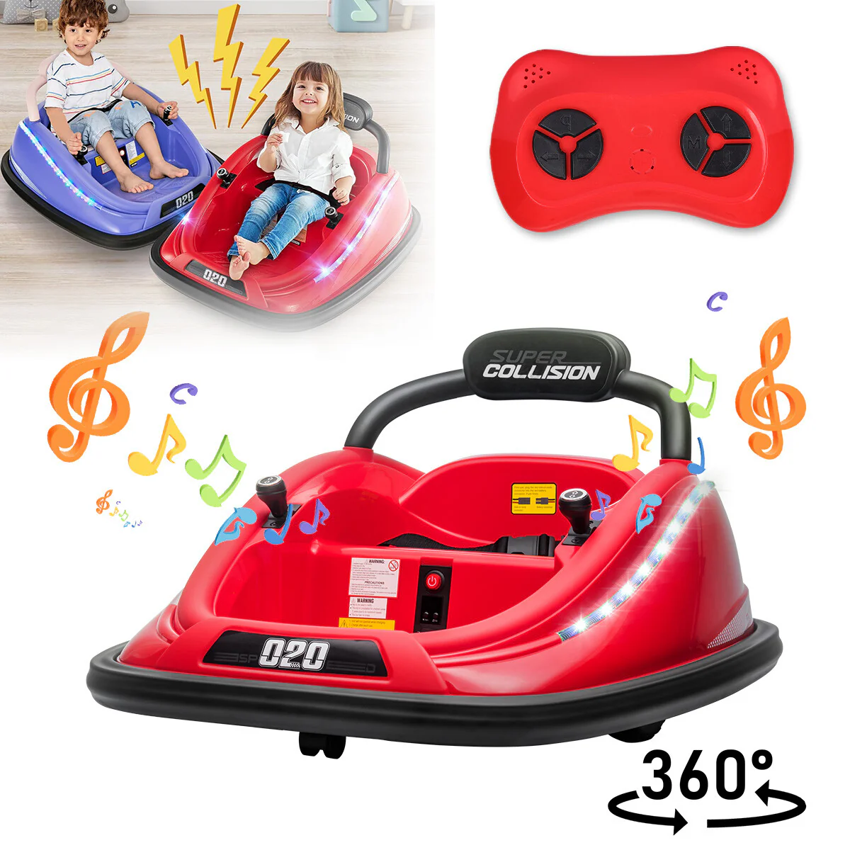 12V Kids Electric Ride-On Bumper Car with 360° Spinning, Remote Control, and MP3 Player