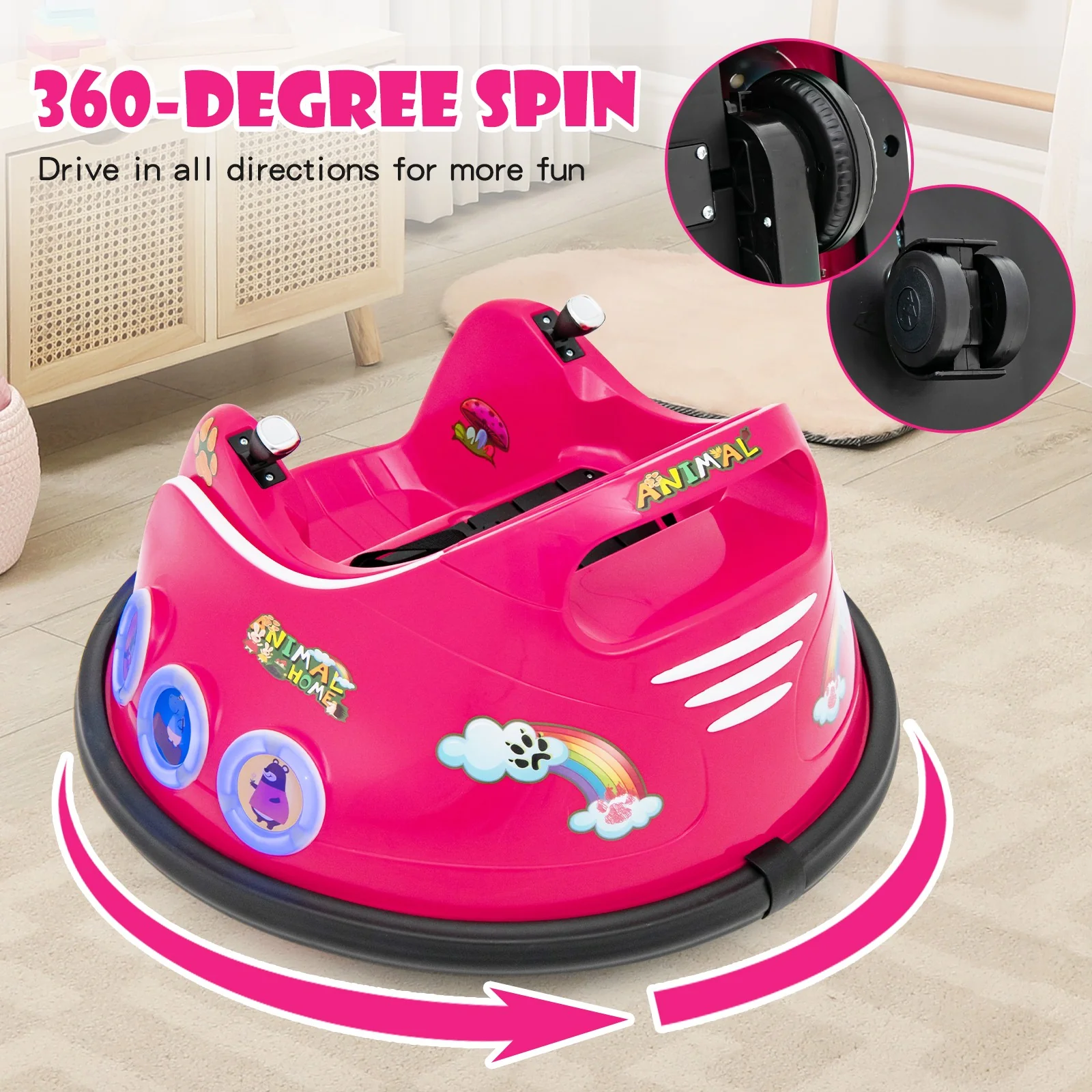 12V Kids Ride-On Bumper Car with Remote Control, Flashing LED Lights, and Music – Pink - Image 5
