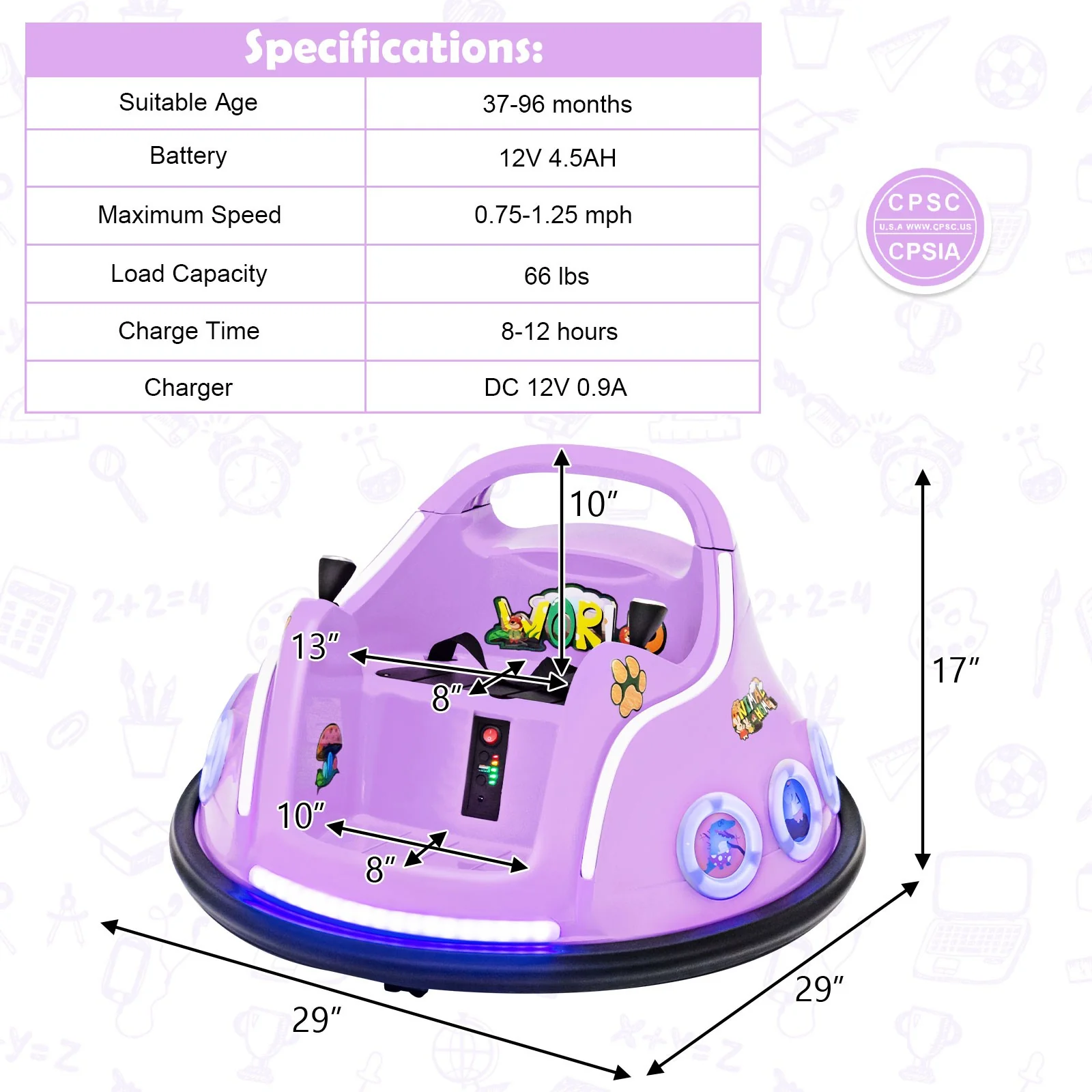 12V Kids Ride-On Bumper Car with Remote Control, Flashing LED Lights, and Music – Purple - Image 2