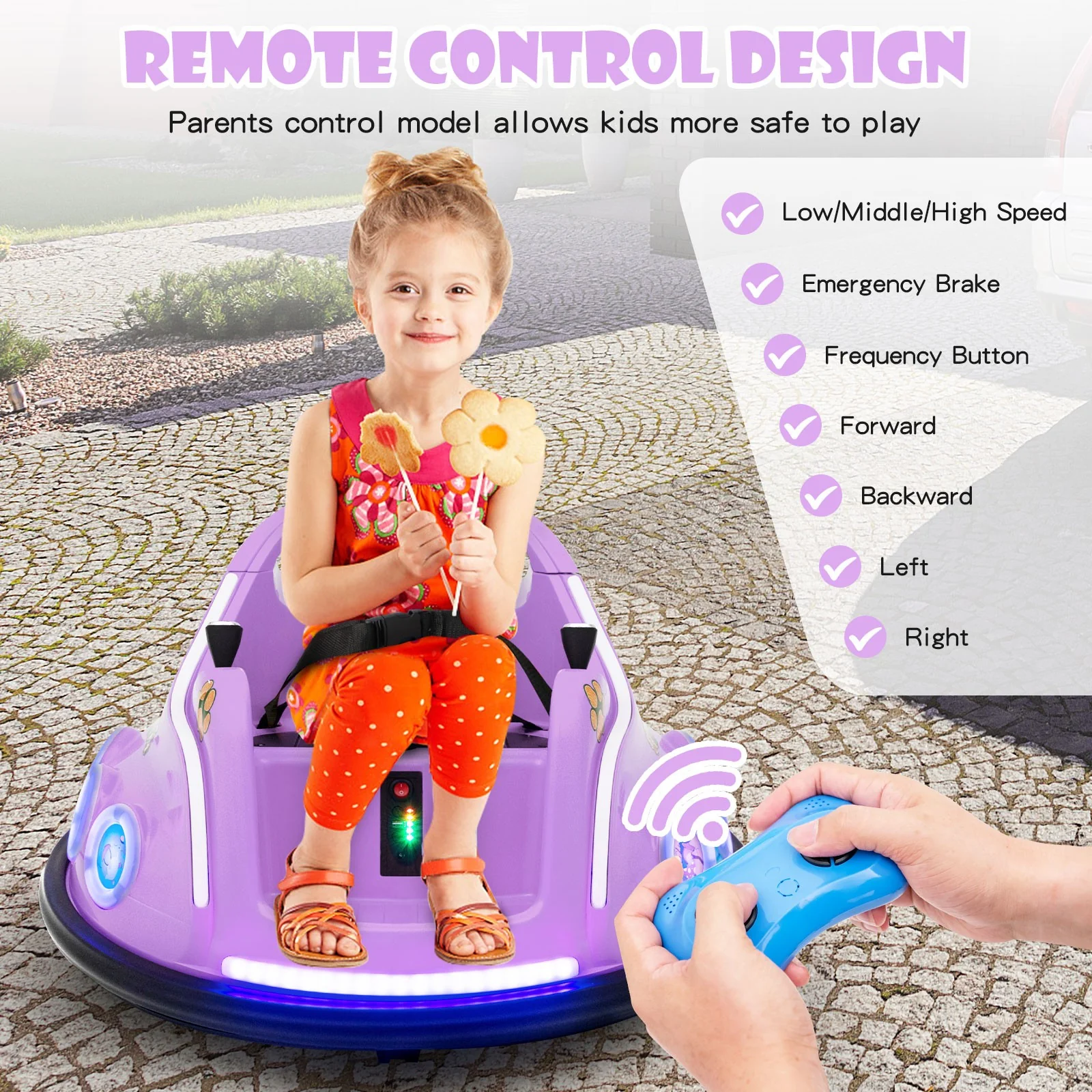 12V Kids Ride-On Bumper Car with Remote Control, Flashing LED Lights, and Music – Purple - Image 7