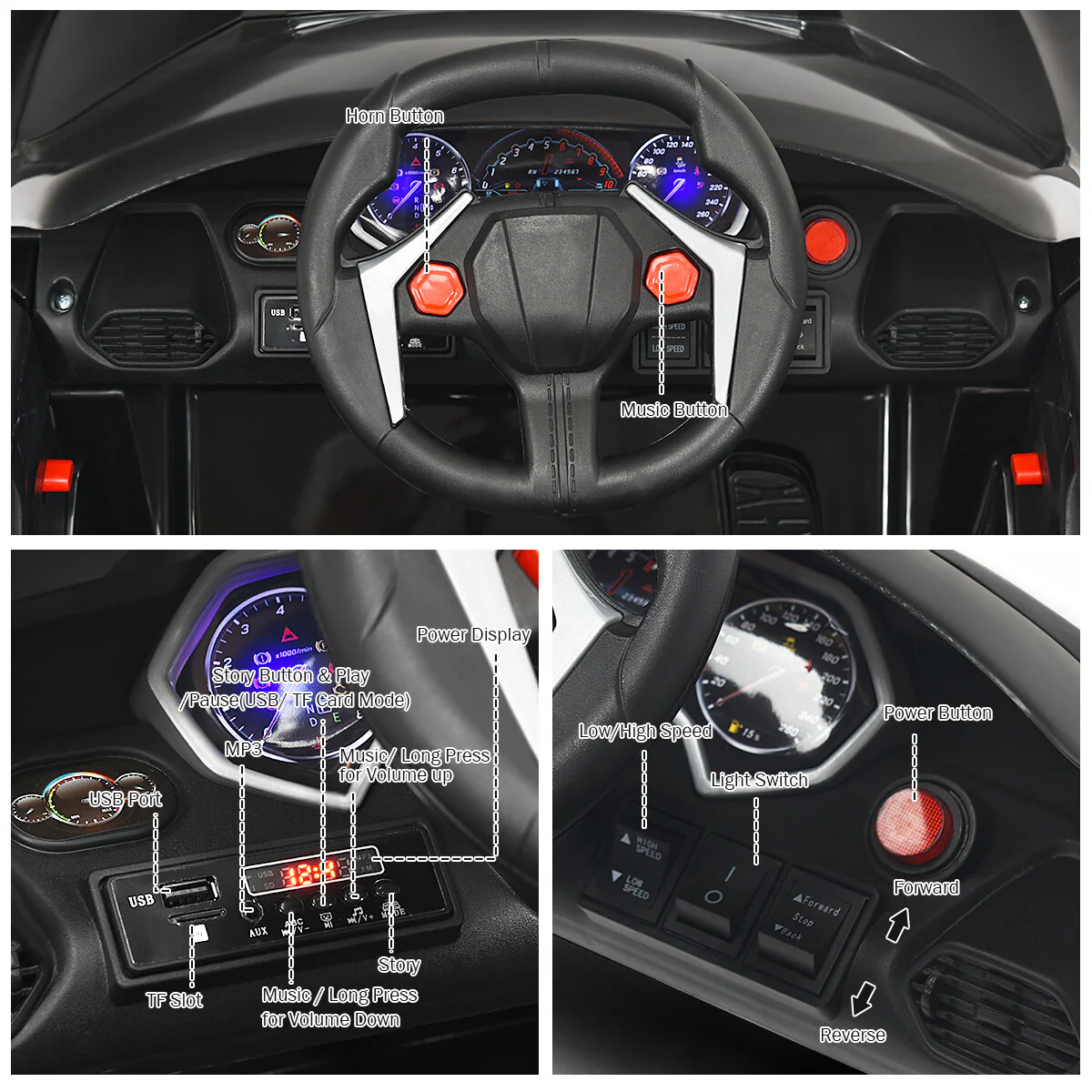 12V Kids Electric Ride-On Car with 2.4G RC, Lights, MP3, and Openable Doors – Black - Image 11