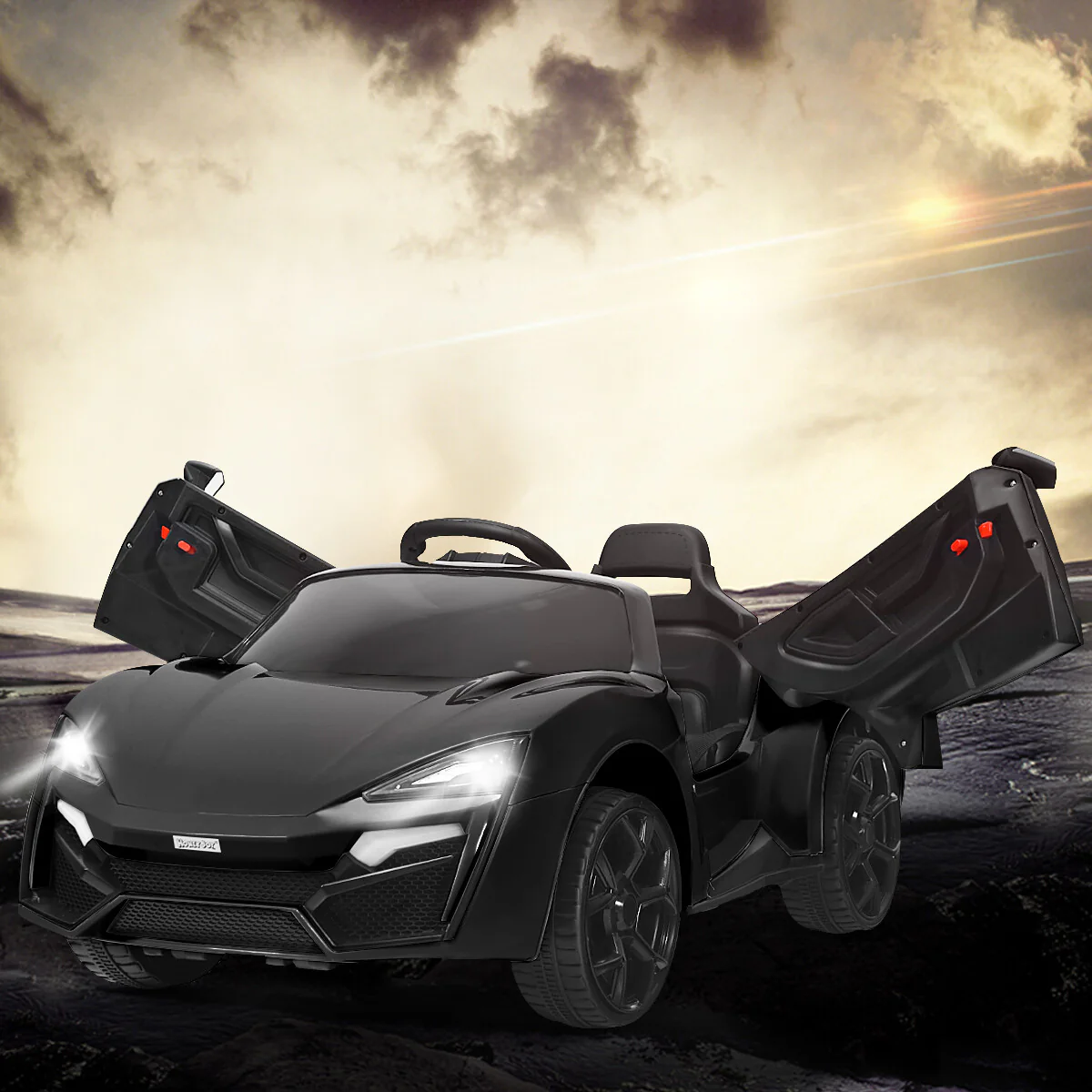 12V Kids Electric Ride-On Car with 2.4G RC, Lights, MP3, and Openable Doors – Black - Image 3