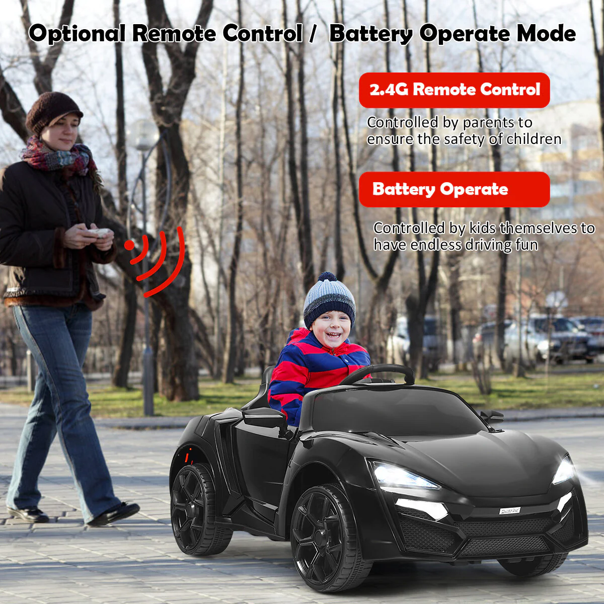 12V Kids Electric Ride-On Car with 2.4G RC, Lights, MP3, and Openable Doors – Black - Image 5