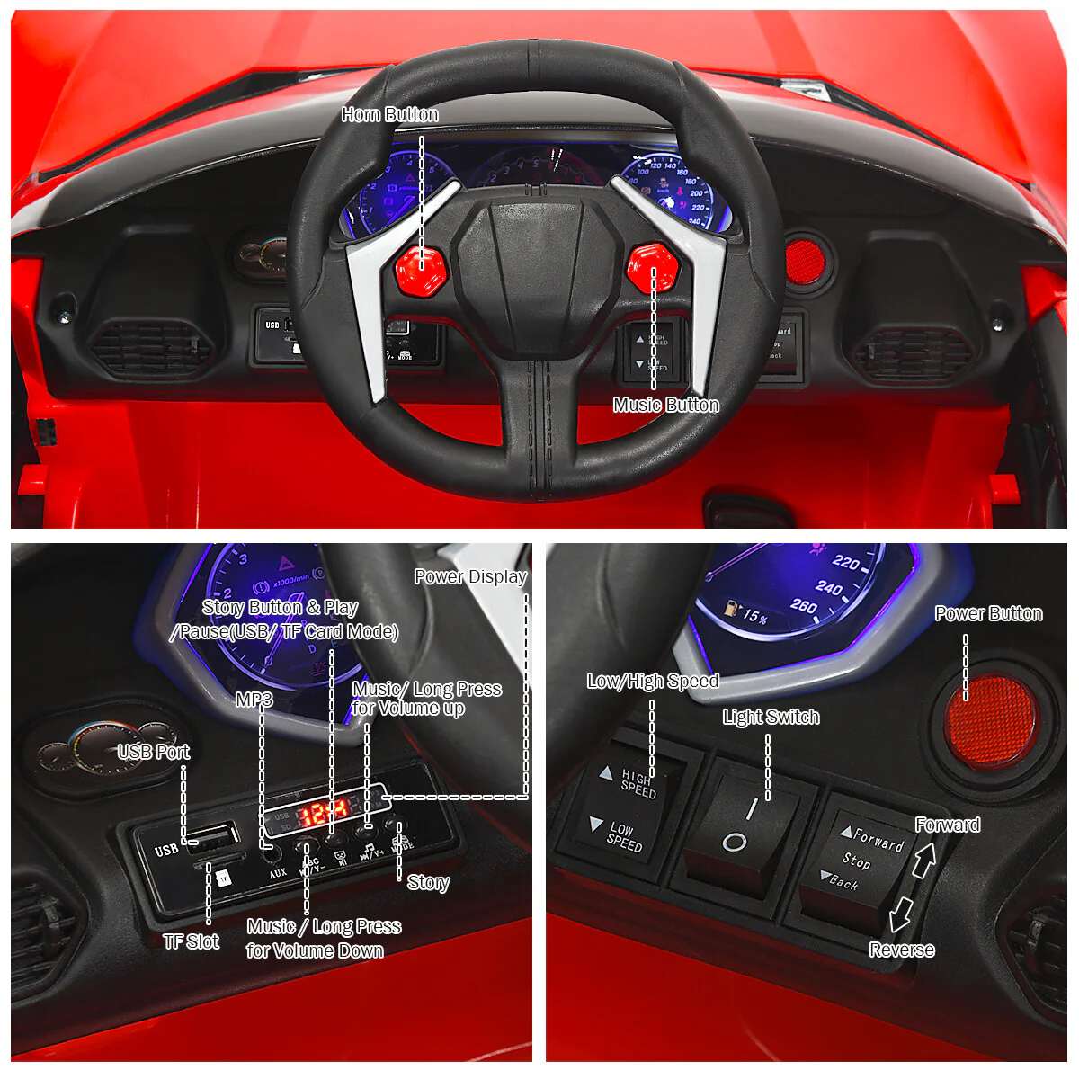 12V Kids Electric Ride-On Car with 2.4G RC, Lights, MP3, and Openable Doors - Red - Image 11
