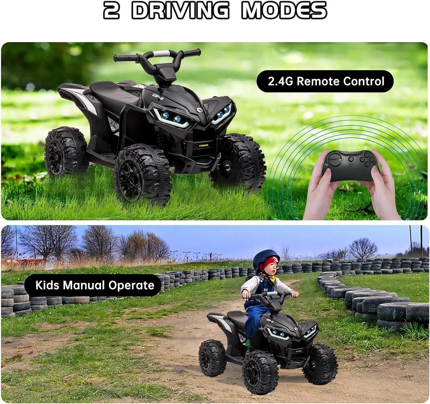 12V Kids Ride-On ATV with Parent Remote Control, Treaded Tires, 2 Speeds, Black - Image 4