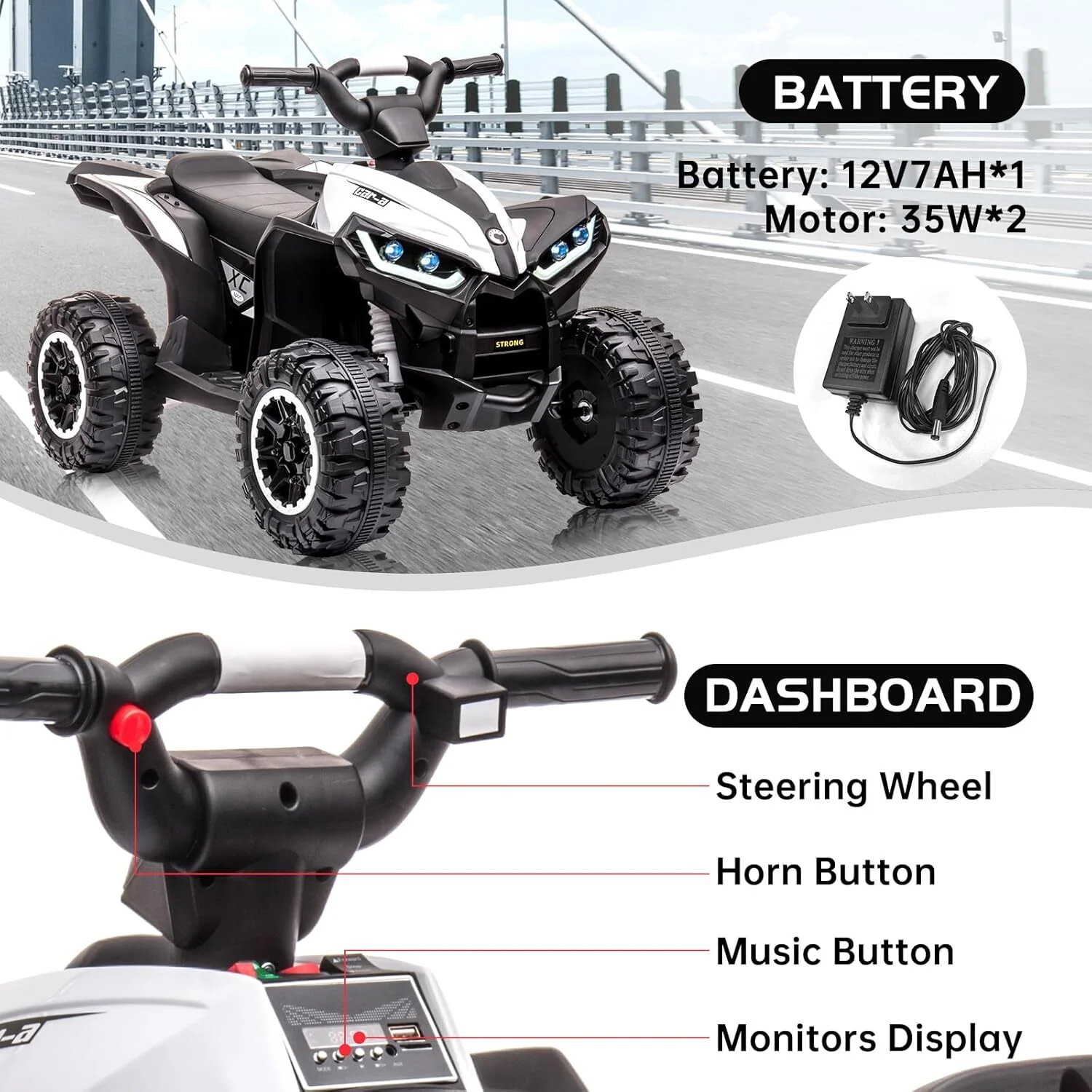 12V Kids Ride-On ATV with Parent Remote Control, Treaded Tires, 2 Speeds, and Music - Image 3