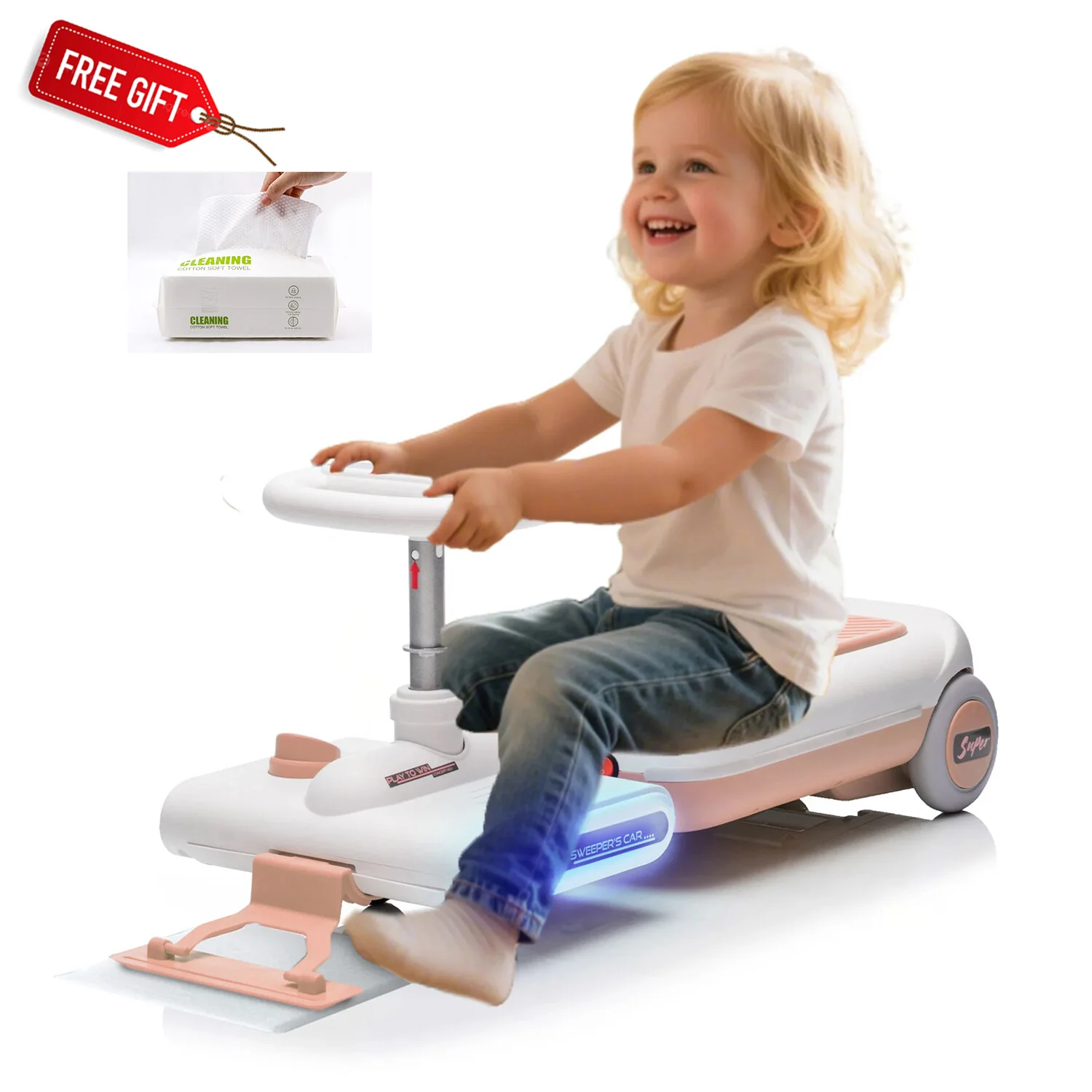 12V Battery-Powered Kids Electric Ride-On Cleaning Go Kart with LED Lights and Music