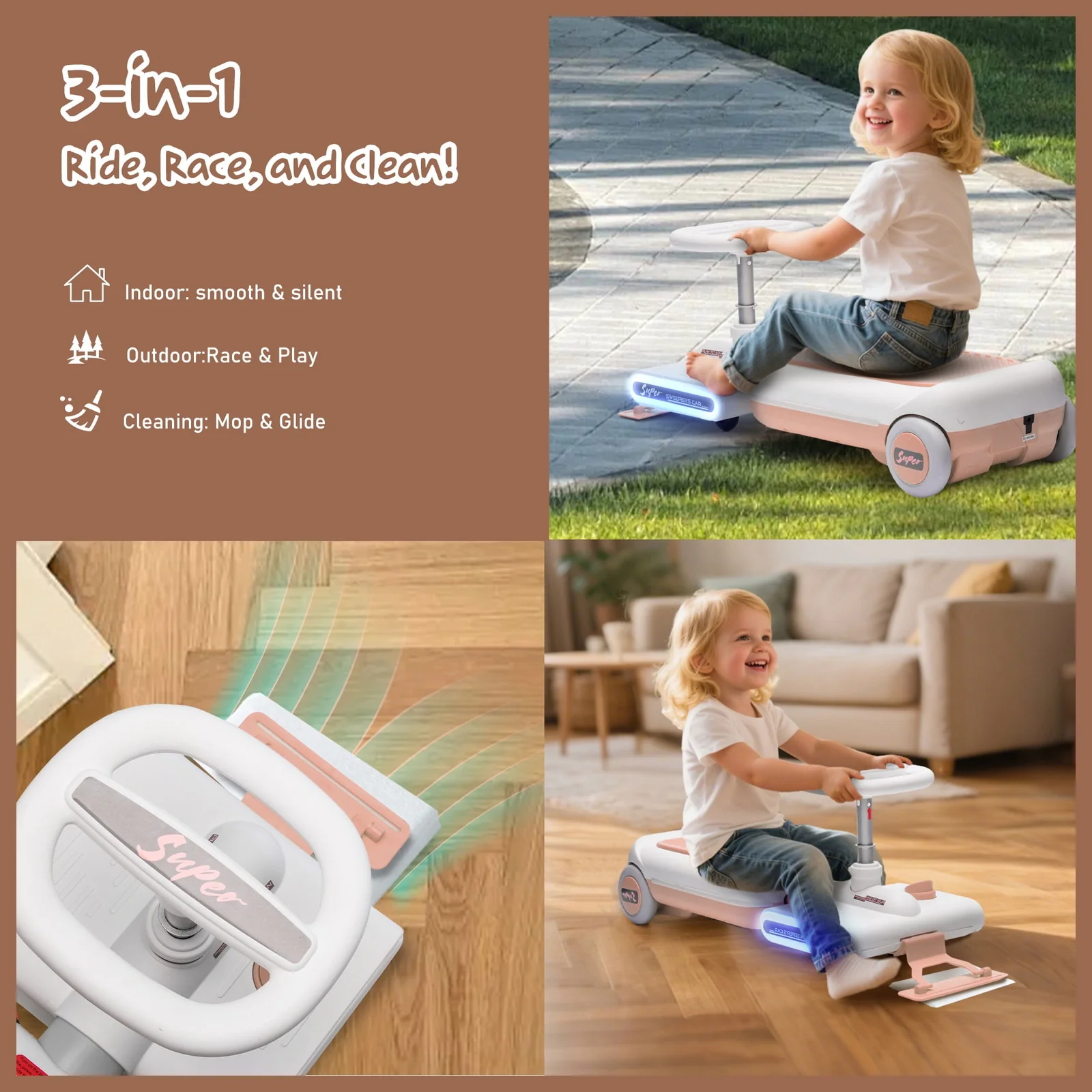 12V Electric Kids Ride-On Go-Kart with Music, Adjustable Length, and Cleaning Mop - Image 8
