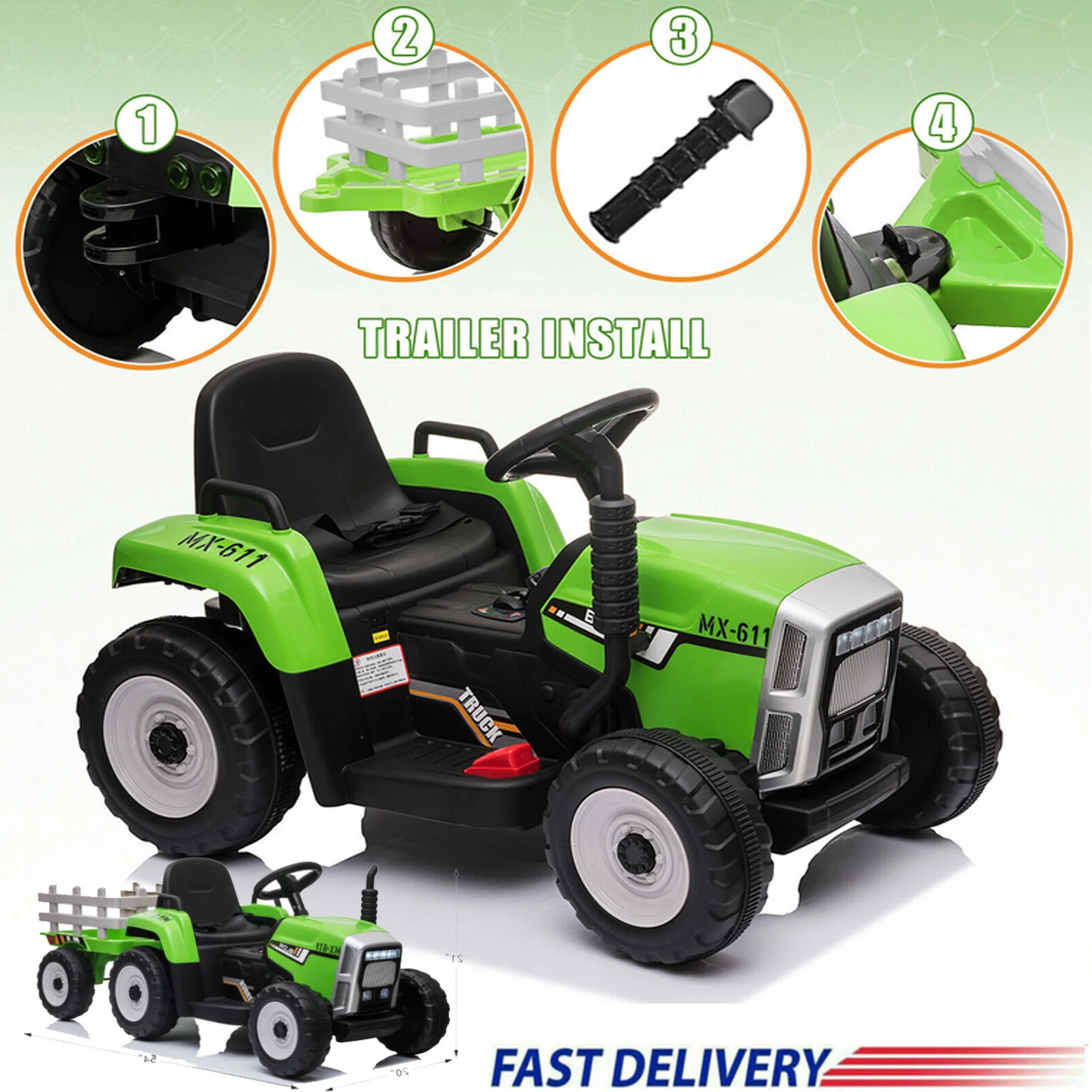 12V Electric Green Kids Ride-On Tractor Toy with Remote Control Trailer and 3-Speed Settings - Image 11