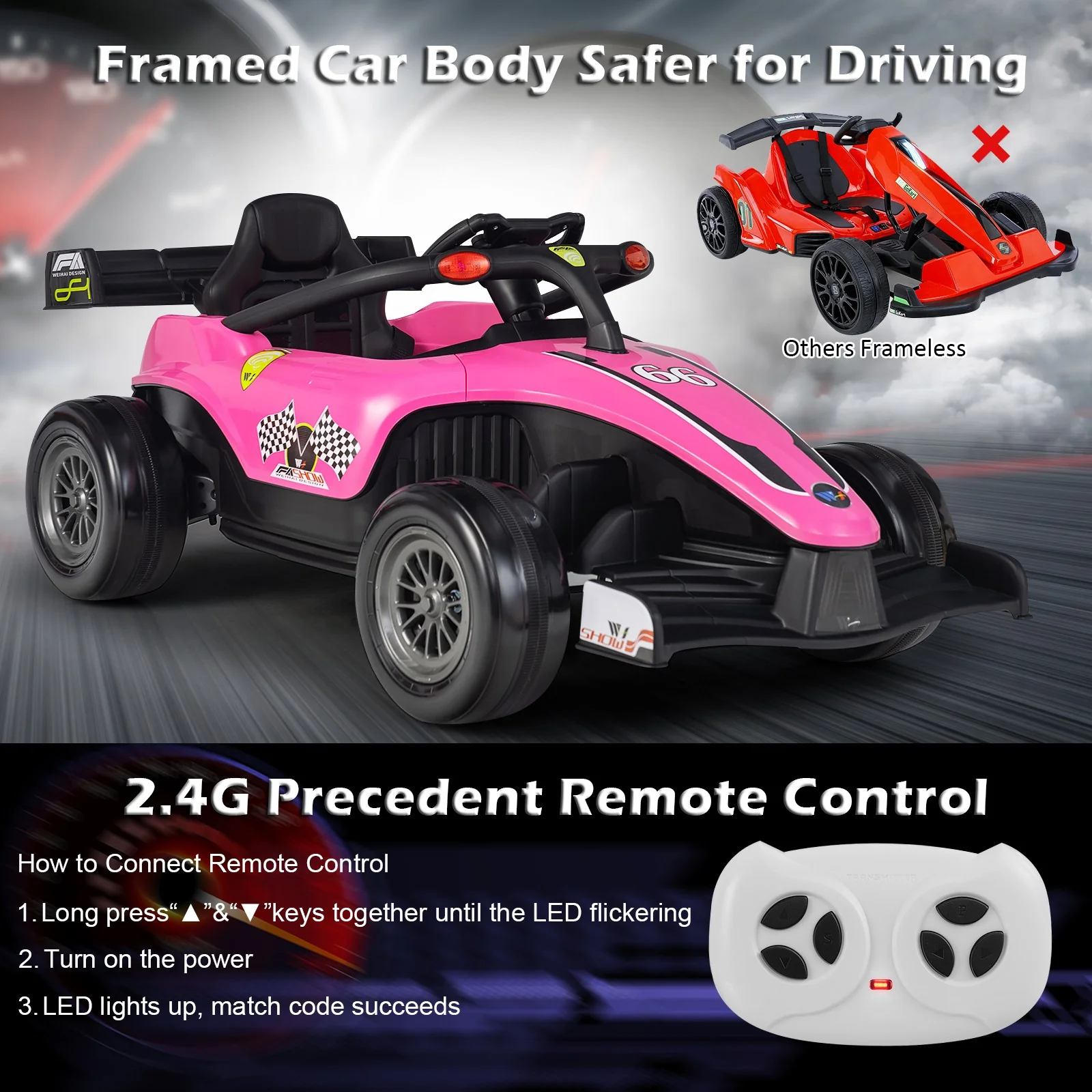 12V Electric Kids Ride-On Racing Truck with Remote Control, MP3, and Lights - Pink - Image 9