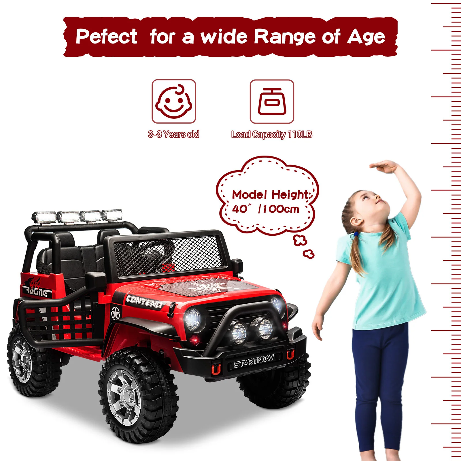 12V Red Electric Kids Ride-On Jeep Truck with Remote Control, LED Lights, 2-Seater - Image 9
