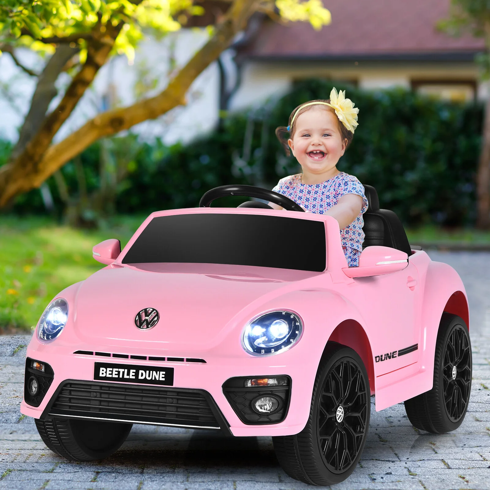 12V Kids Ride-On Volkswagen Beetle Car with Remote Control and Music Pink - Image 4