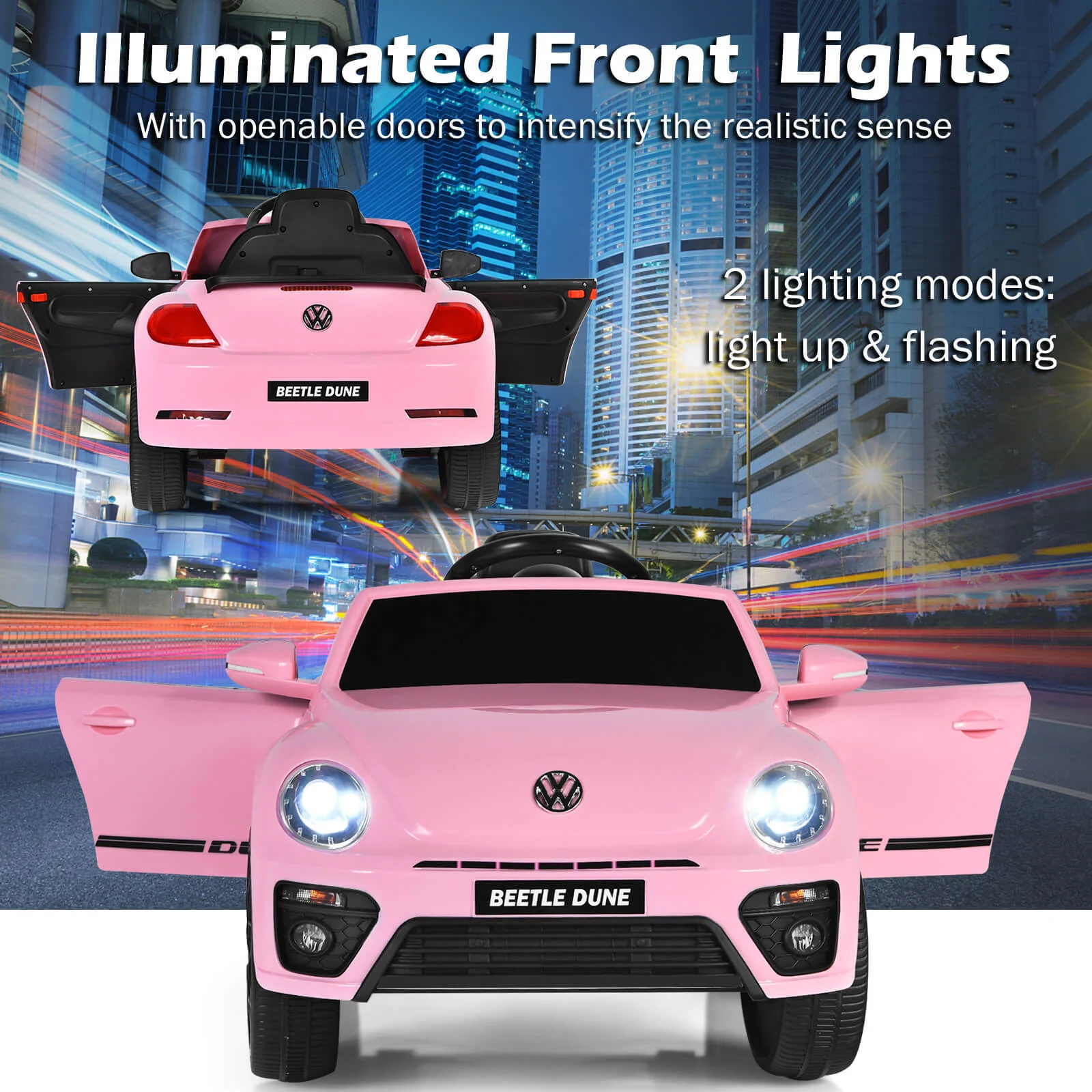 12V Kids Ride-On Volkswagen Beetle Car with Remote Control and Music Pink - Image 5