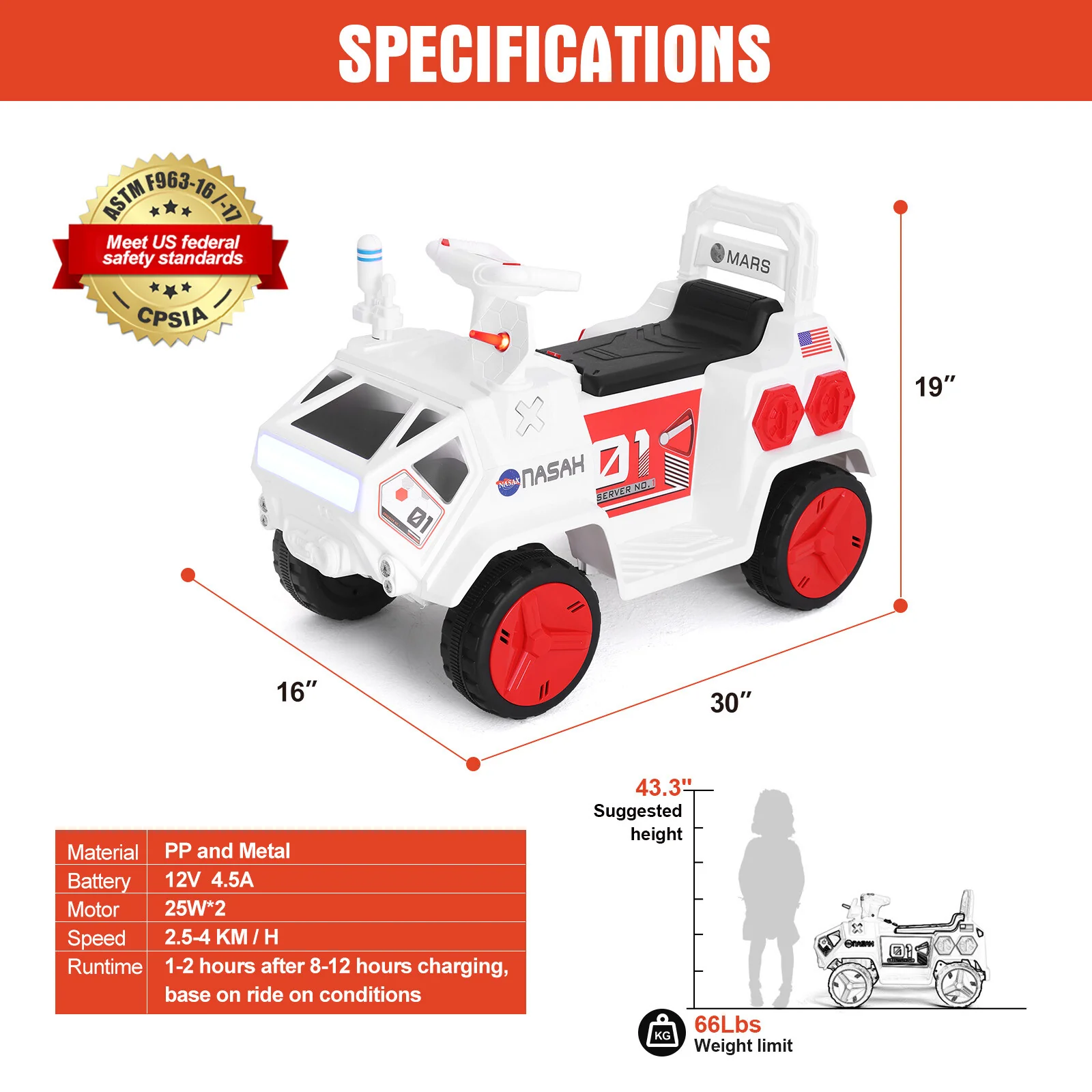 12V Kids Ride-On Mars Rover Car with Remote Control, Radar, Lights, Alarm, Music, and Bluetooth - Image 3