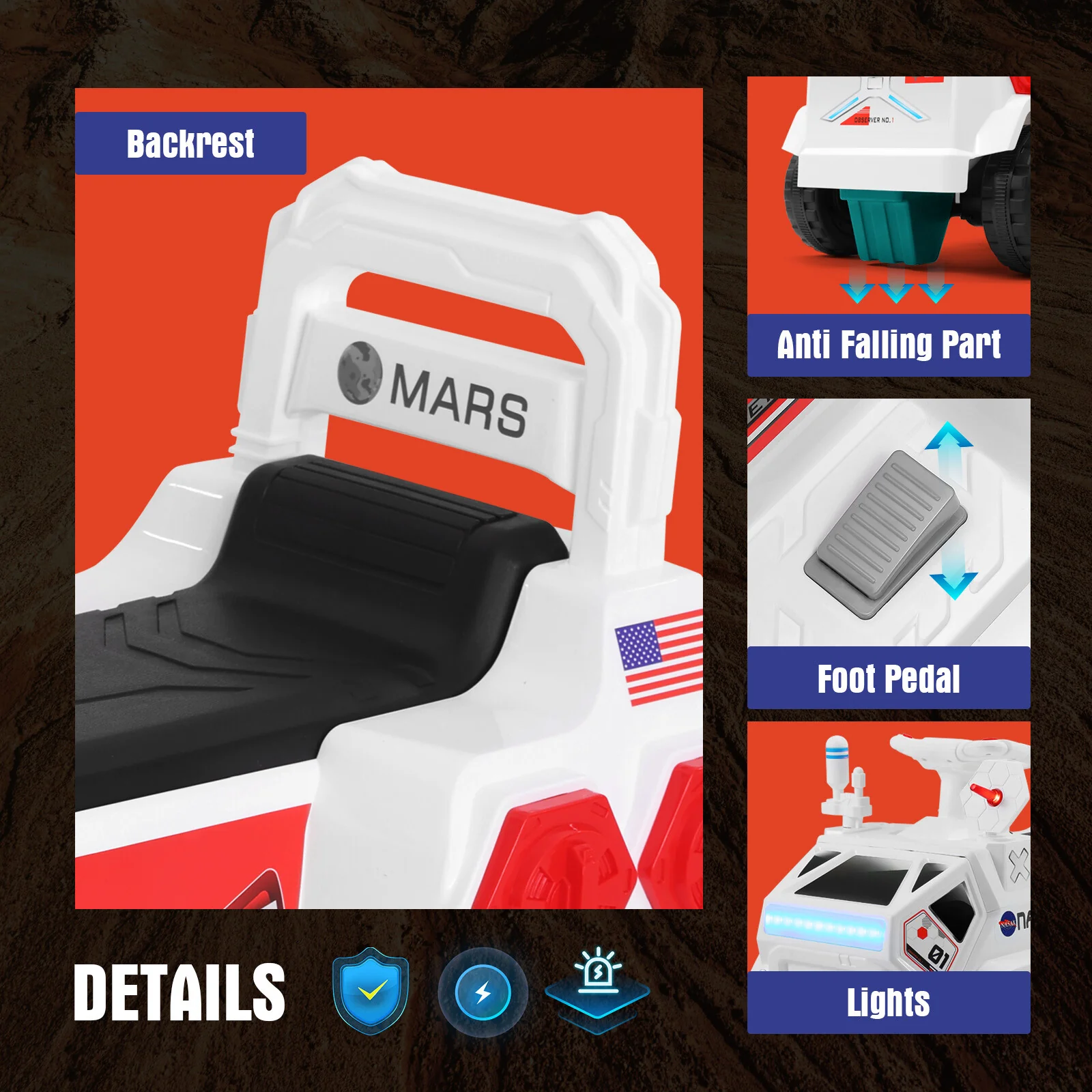 12V Kids Ride-On Mars Rover Car with Remote Control, Radar, Lights, Alarm, Music, and Bluetooth - Image 6