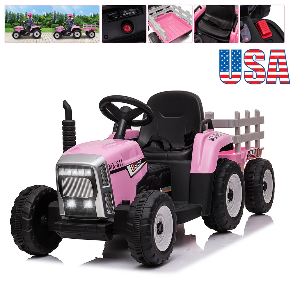 12V Electric Battery-Powered Kids Ride-On Tractor with Trailer and Remote Control