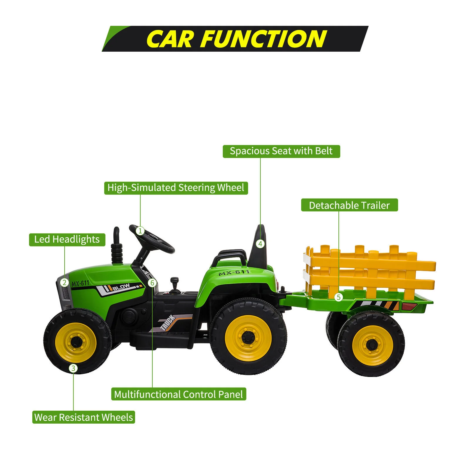 12V Kids Ride-On Tractor Truck with Music and Detachable Trailer for Boys and Girls - Image 10