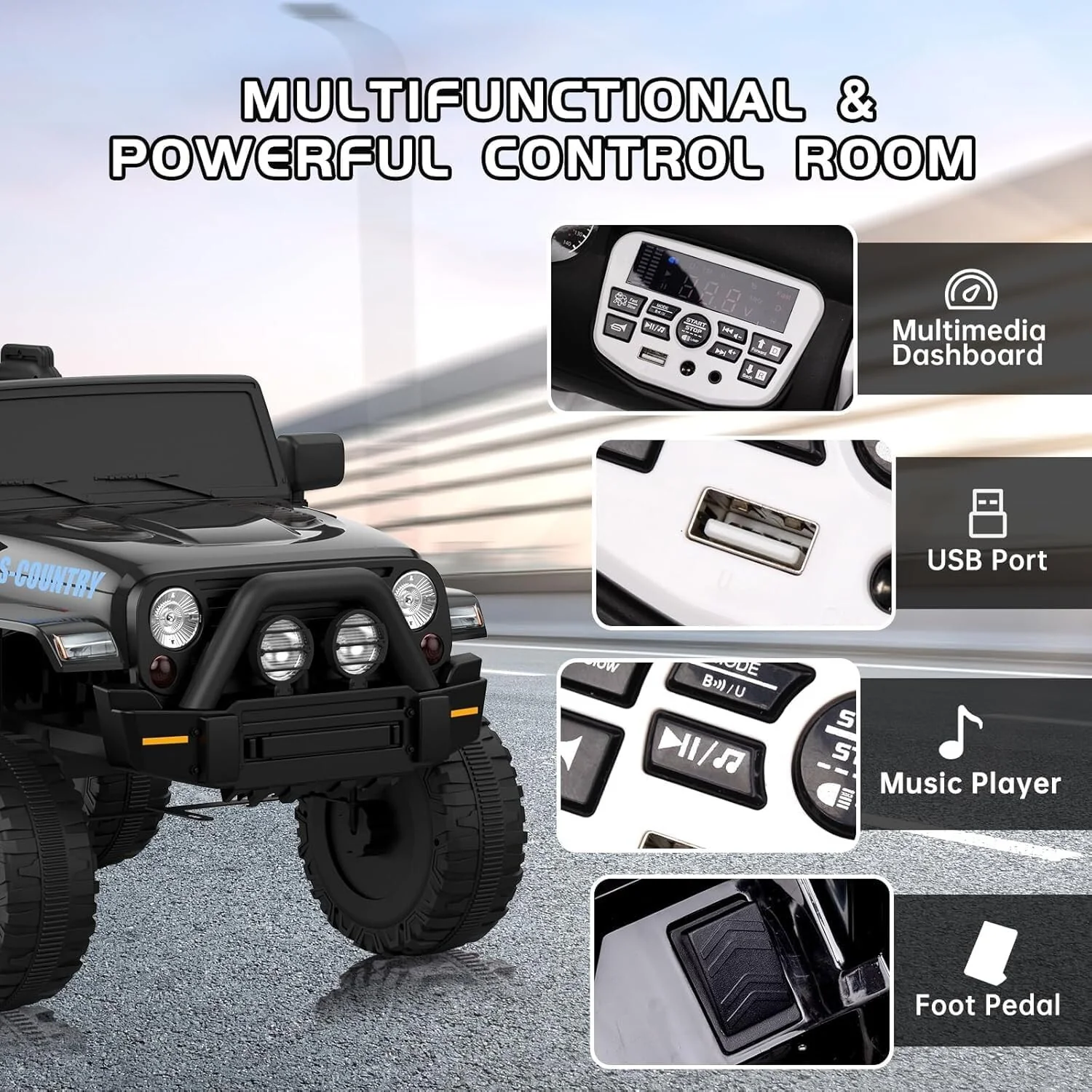 12V Kids 2-Seater Electric Ride-On Truck with Remote Control and Lights, Black - Image 3