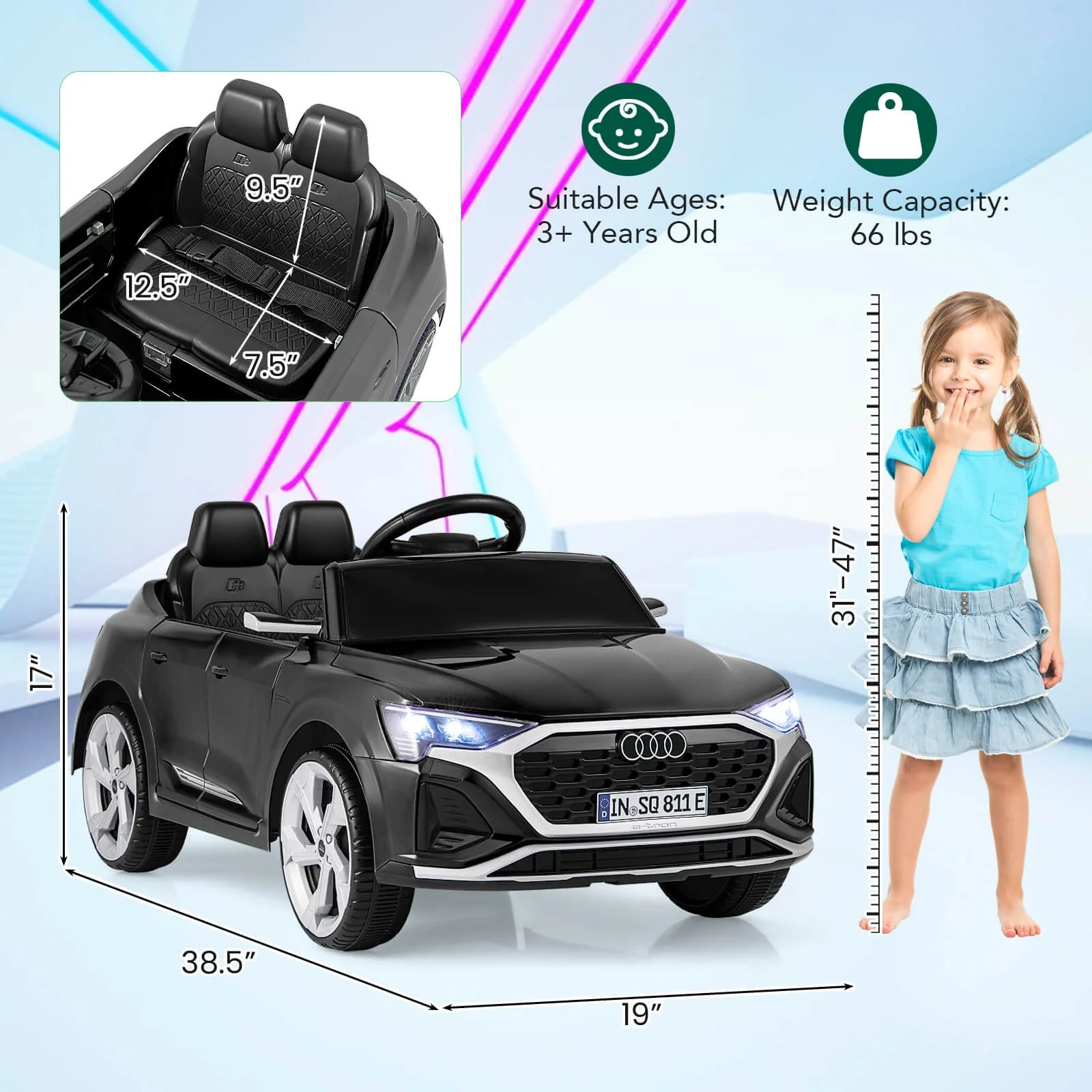 12V Kids Ride-On Car with Remote Control, 4-Wheel Suspension, 3 Speeds, and LED Headlight - Image 2