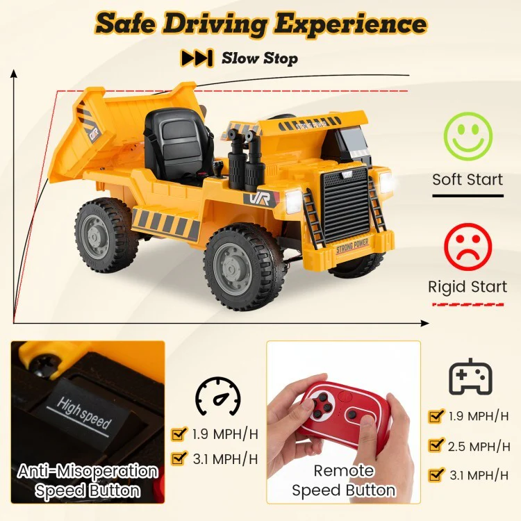 12V Kids Electric Ride-On Dump Truck with Remote Control and Adjustable Dump Bed - Image 12