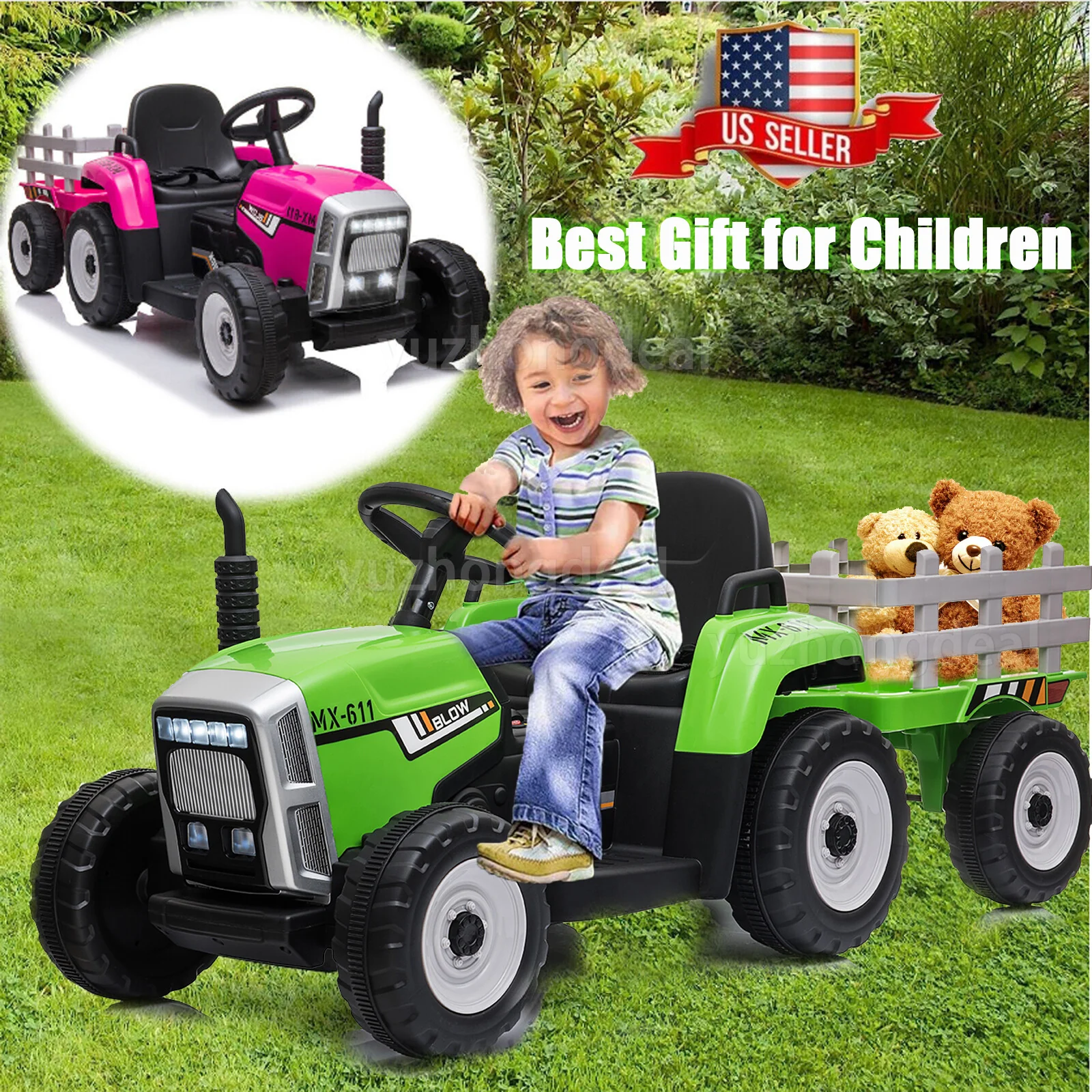 12V Kids Electric Ride-On Tractor with Trailer, Remote Control, MP3 Player, and LED Lights - Image 2