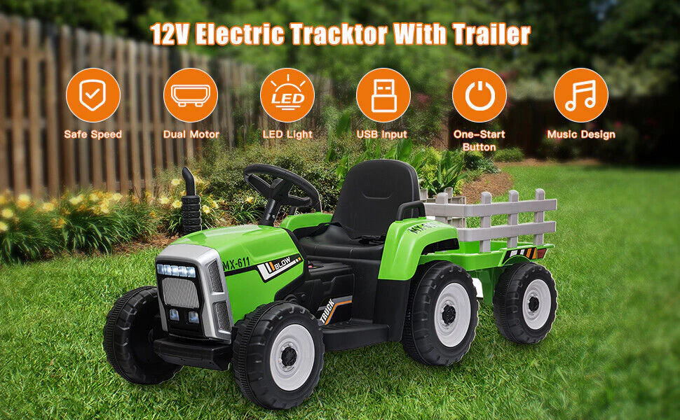 12V Kids Electric Ride-On Tractor with Trailer, Remote Control, MP3 Player, and LED Lights - Image 8