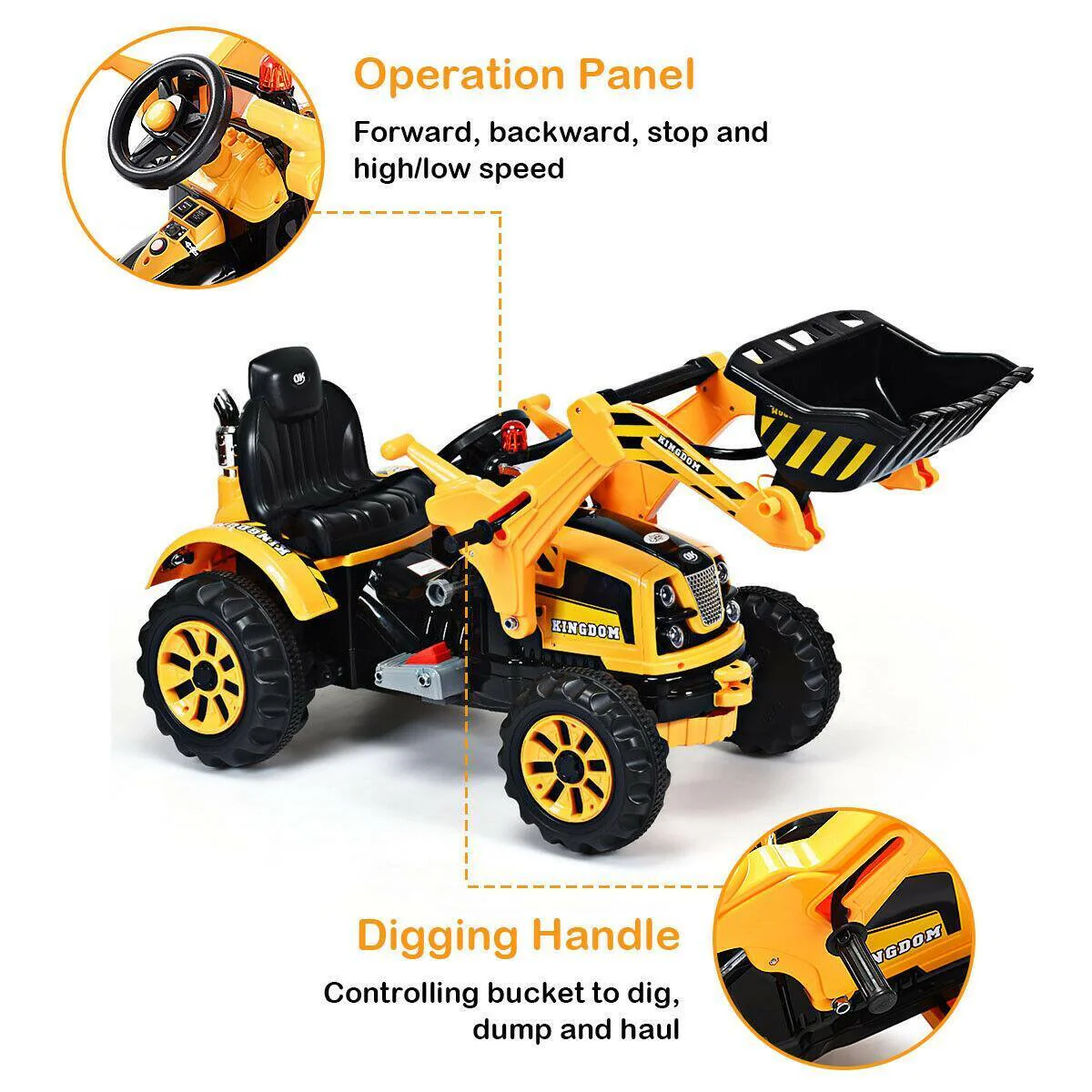 12V Kids Ride On Excavator Truck with Front Loader Digger - Yellow - Image 6