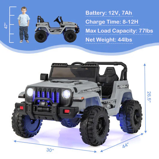 Gray 12V Ride-On Jeep for Kids with 2.4G Remote Control and LED Lights - Image 3