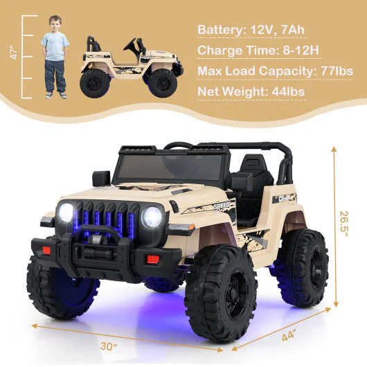 12V Khaki Kids Ride-On Jeep with 2.4G Remote Control and LED Lights - Image 3