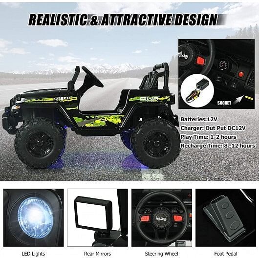 12V Kids Ride-On Jeep Car with 2.4G Remote Control - Black and Green - Image 3