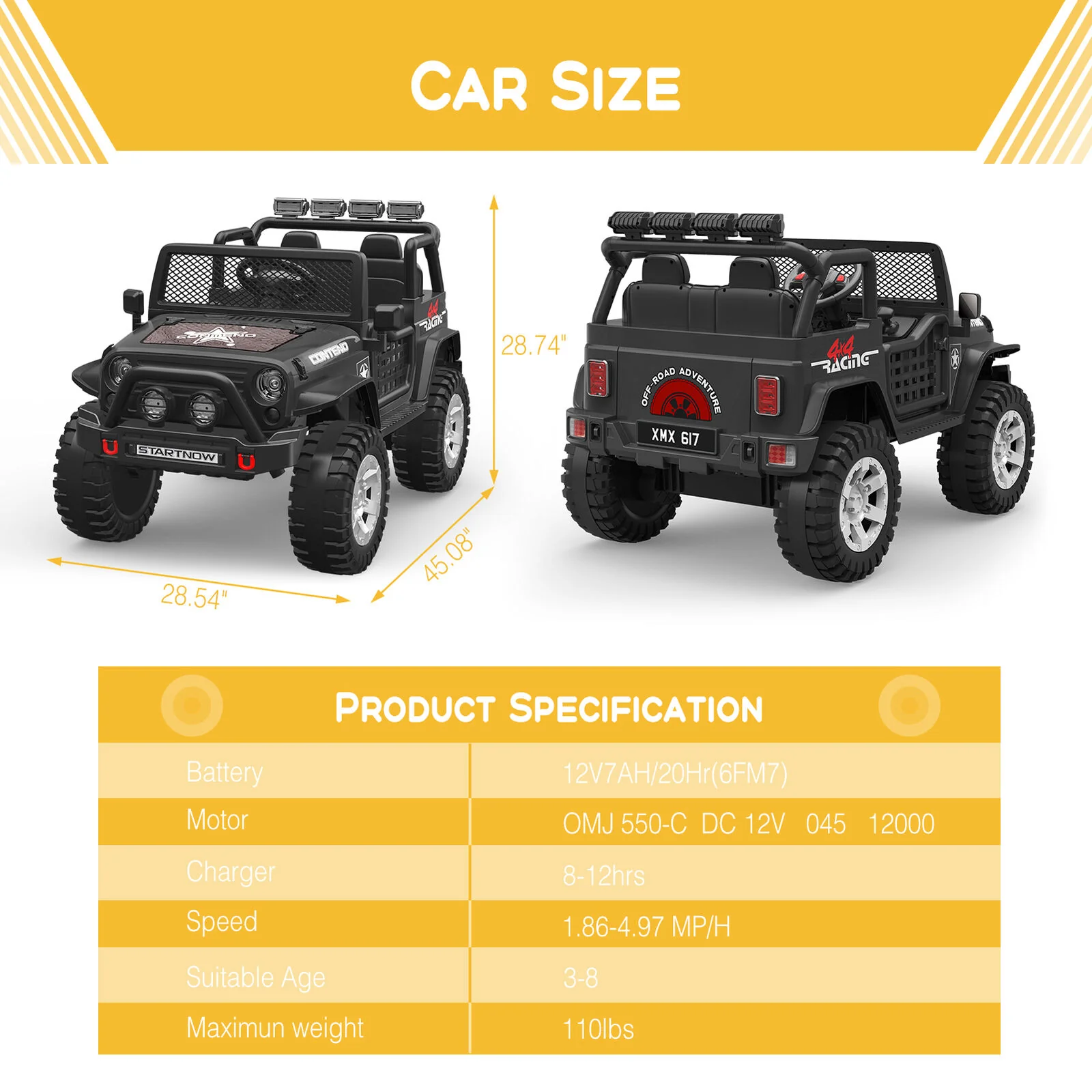 12V Kids Ride On Jeep Car with LED Lights and Safety Belt - Perfect Gift for Boys and Girls - Image 6