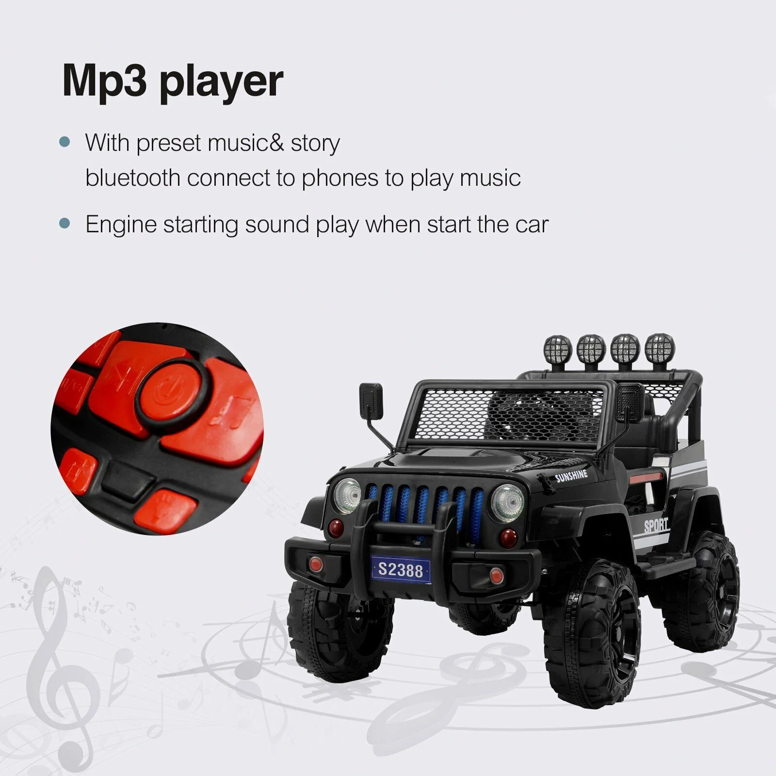 12V Kids Ride On Jeep with Remote Control, USB and Bluetooth Connectivity - Black - Image 7