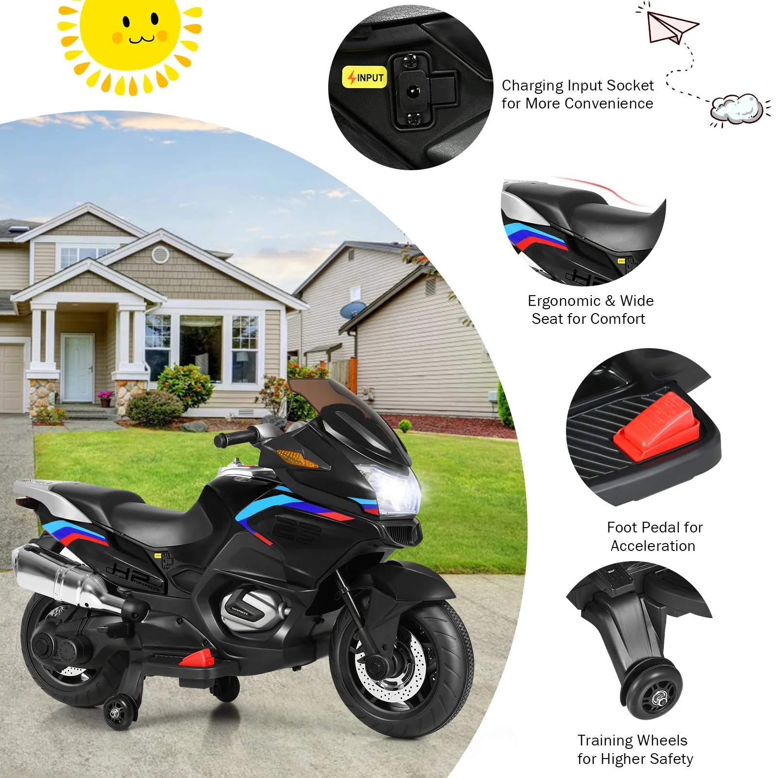 12V Kids Electric Ride-On Motorcycle with Training Wheels and Lights – Black - Image 10