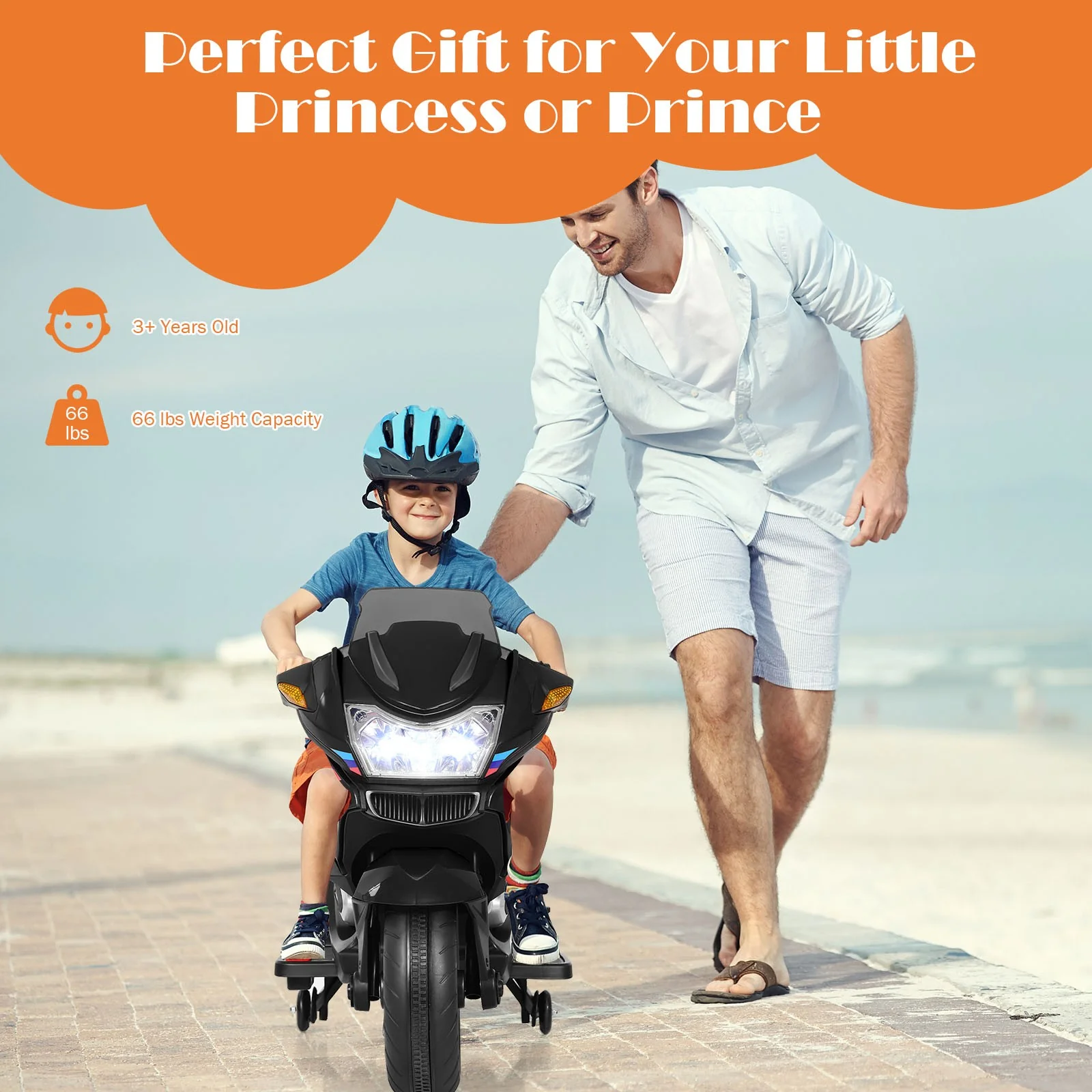 12V Kids Electric Ride-On Motorcycle with Training Wheels and Lights – Black - Image 5
