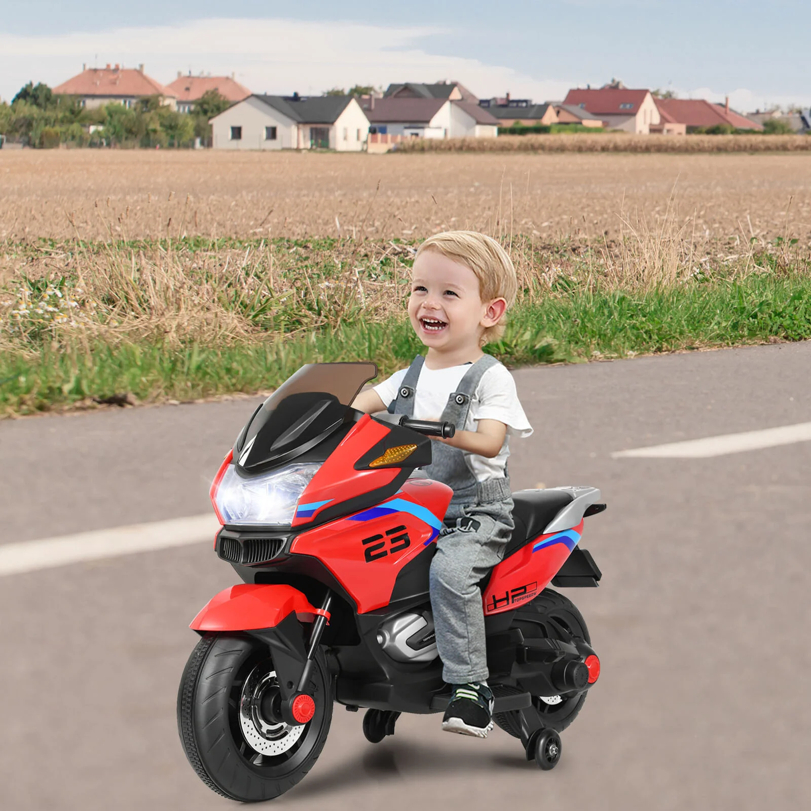 12V Electric Kids Ride-On Motorcycle with Training Wheels and Lights Red - Image 4