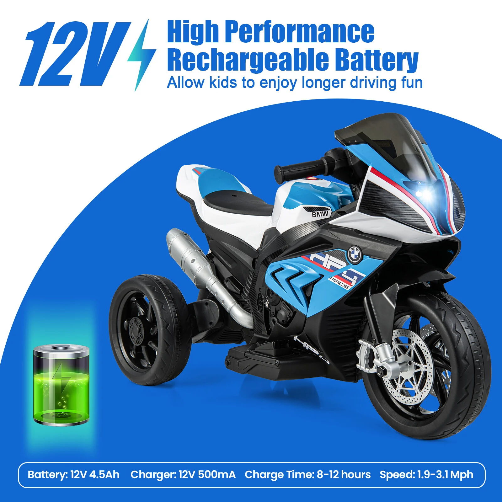 12V Kids Ride-On Motorcycle with LED Headlights and Non-Slip Wheels Blue - Image 7