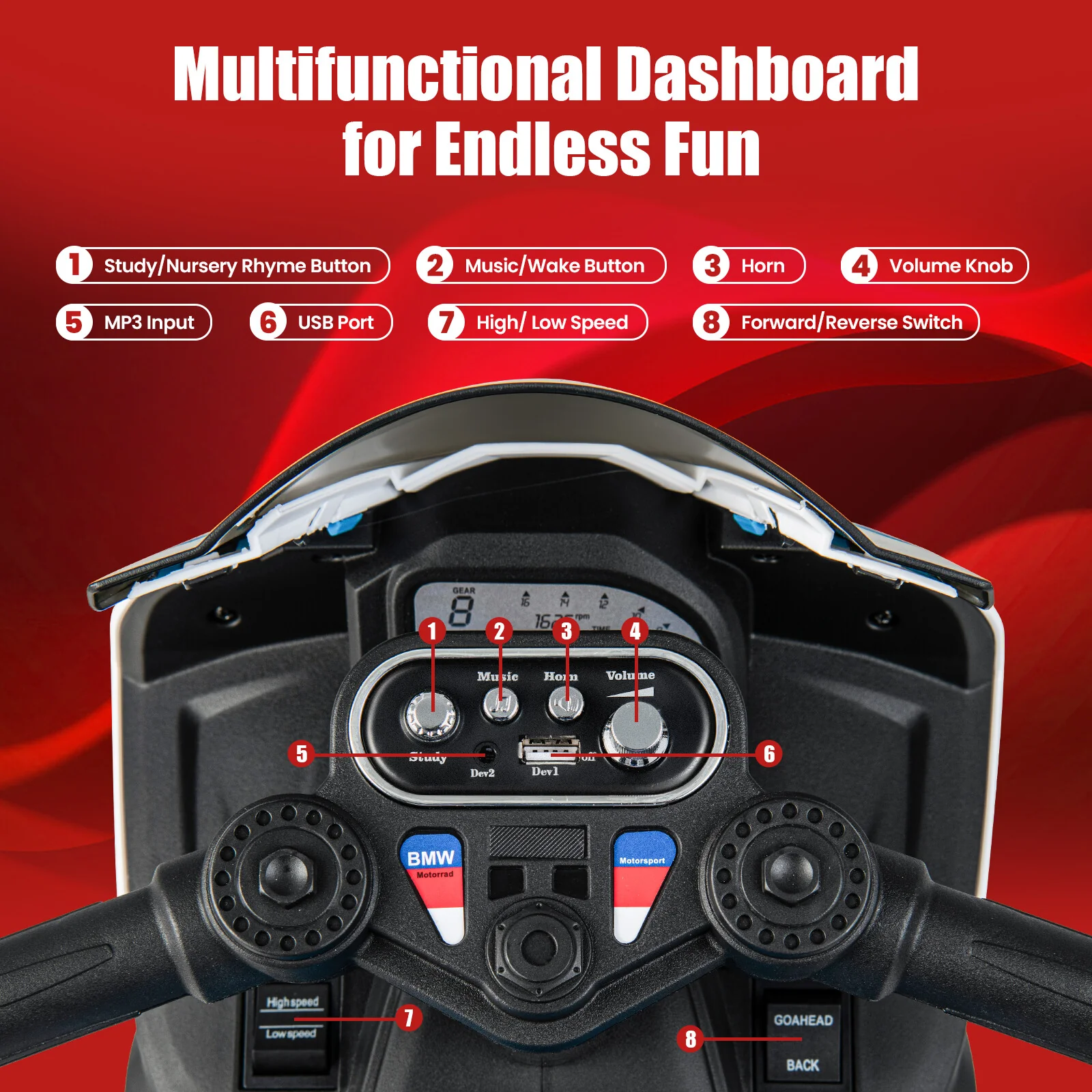 12V Kids Ride-On Motorcycle with Bright LED Headlights and Non-Slip Wheels Red - Image 5