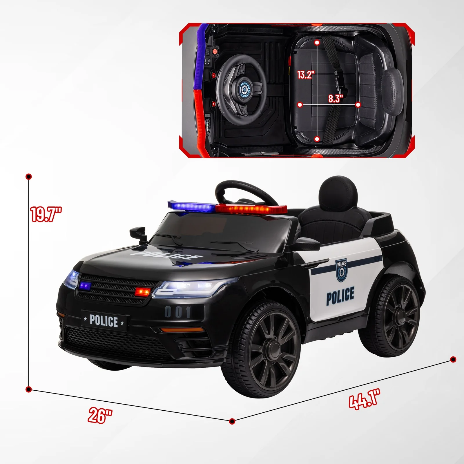 12V Kids Ride-On Police Car with Remote Control Black - Image 2