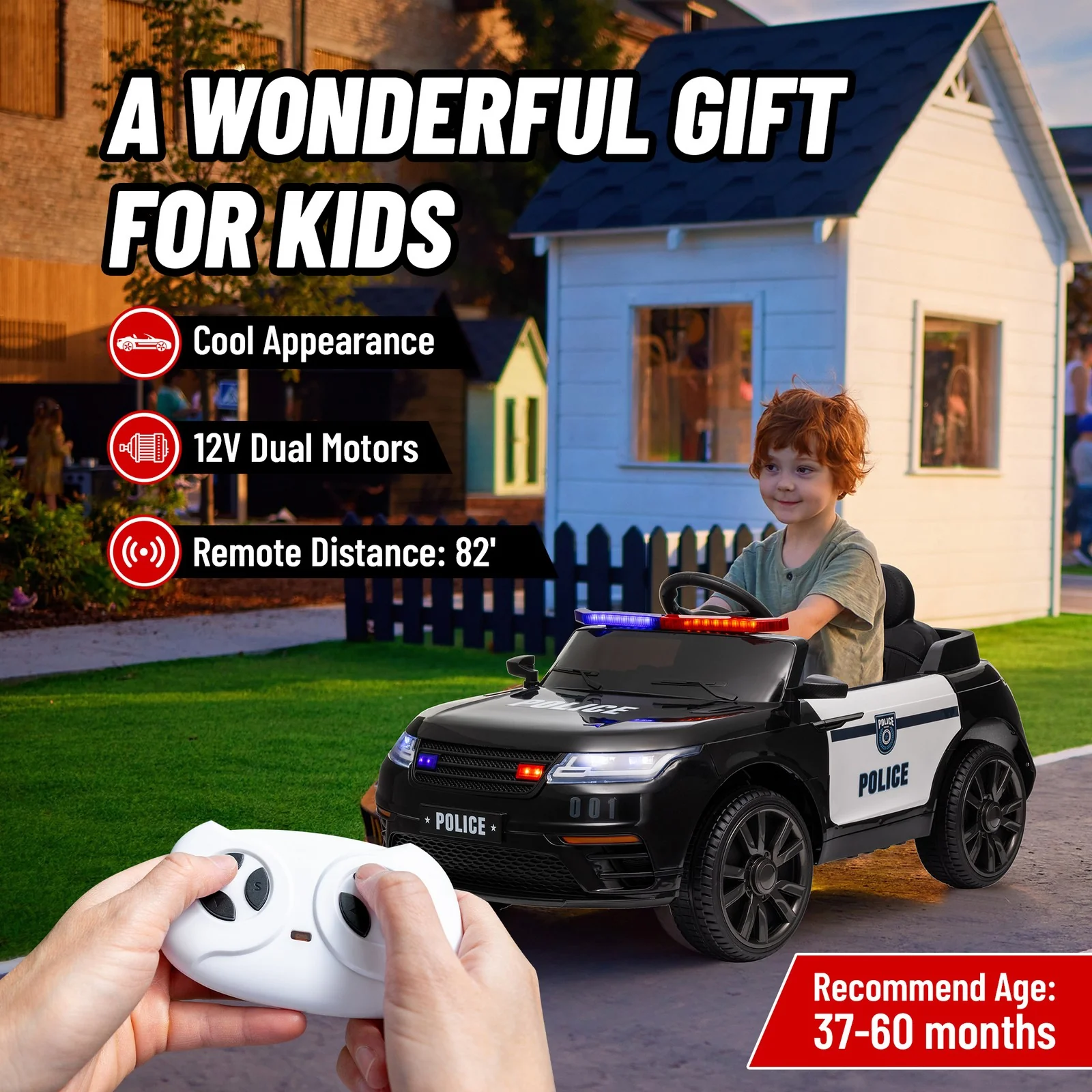 12V Kids Ride-On Police Car with Remote Control Black - Image 10