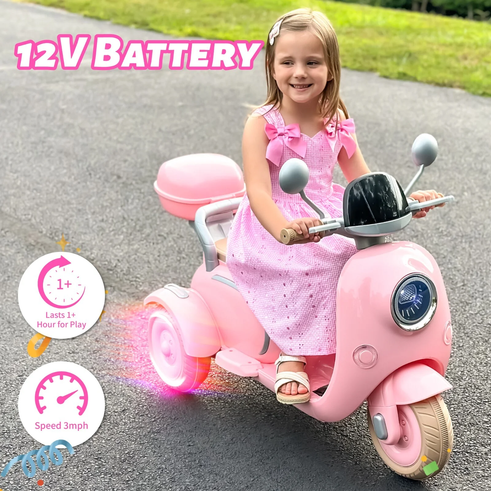 12V Kids Electric Ride-On Moped Motorcycle 2-Seater with Bluetooth and LED Lights - Image 9