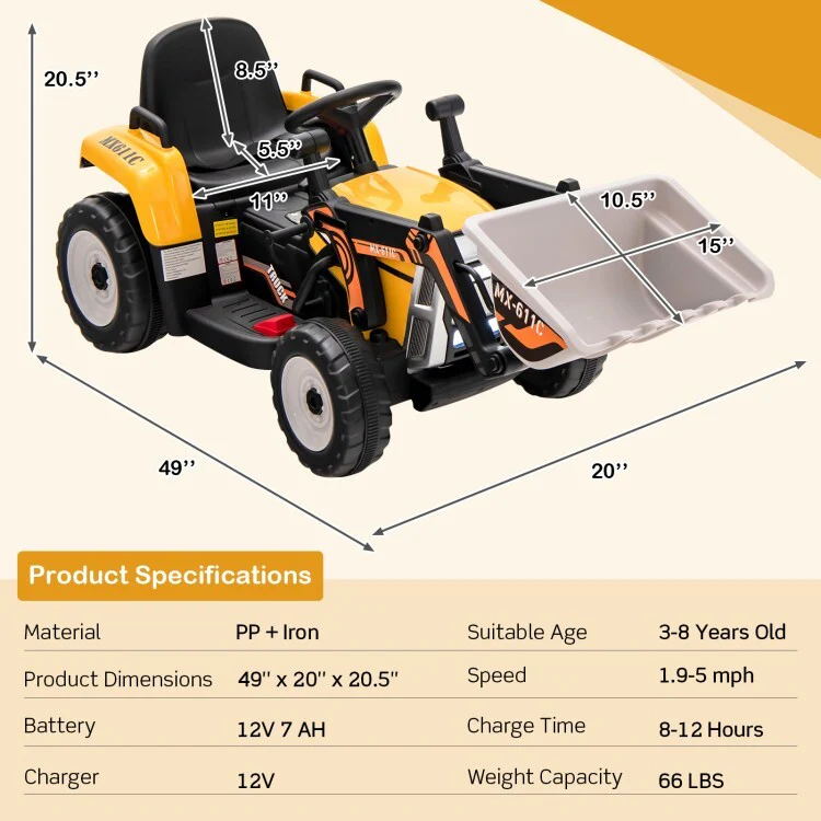 12V Kids Ride-On Excavator Truck with Adjustable Arm and Bucket Toy - Image 3