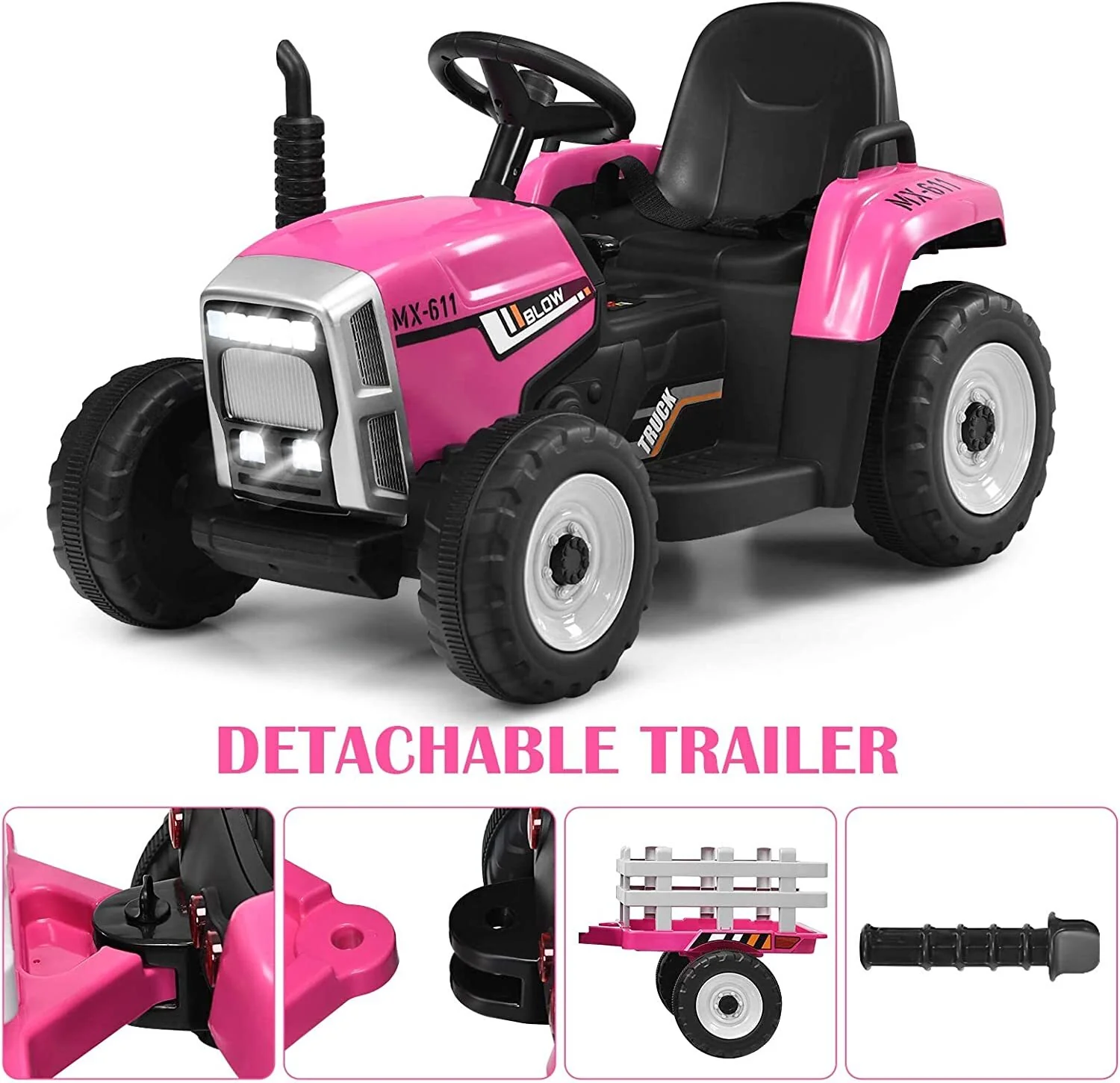 12V Battery-Powered Kids Electric Ride-On Tractor with Trailer, LED Lights, and USB Charging - Image 9