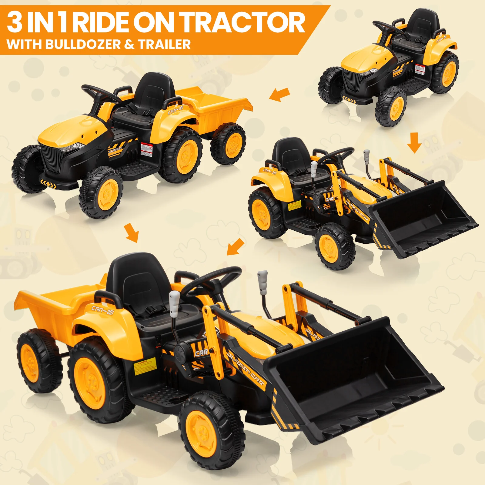 12V Kids Electric Ride-On Tractor and Bulldozer Vehicle with Trailer and Music - Image 10
