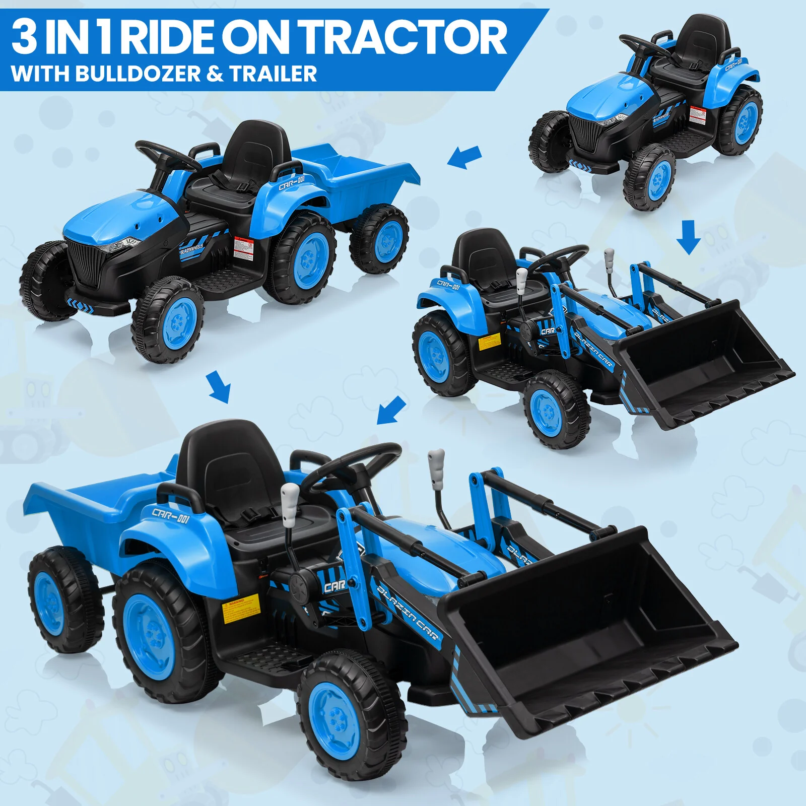 12V Kids Electric Ride-On Tractor and Bulldozer Vehicle with Trailer and Music - Image 14