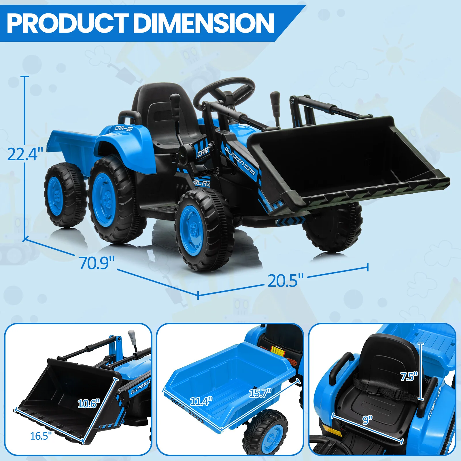 12V Kids Electric Ride-On Tractor and Bulldozer Vehicle with Trailer and Music - Image 16