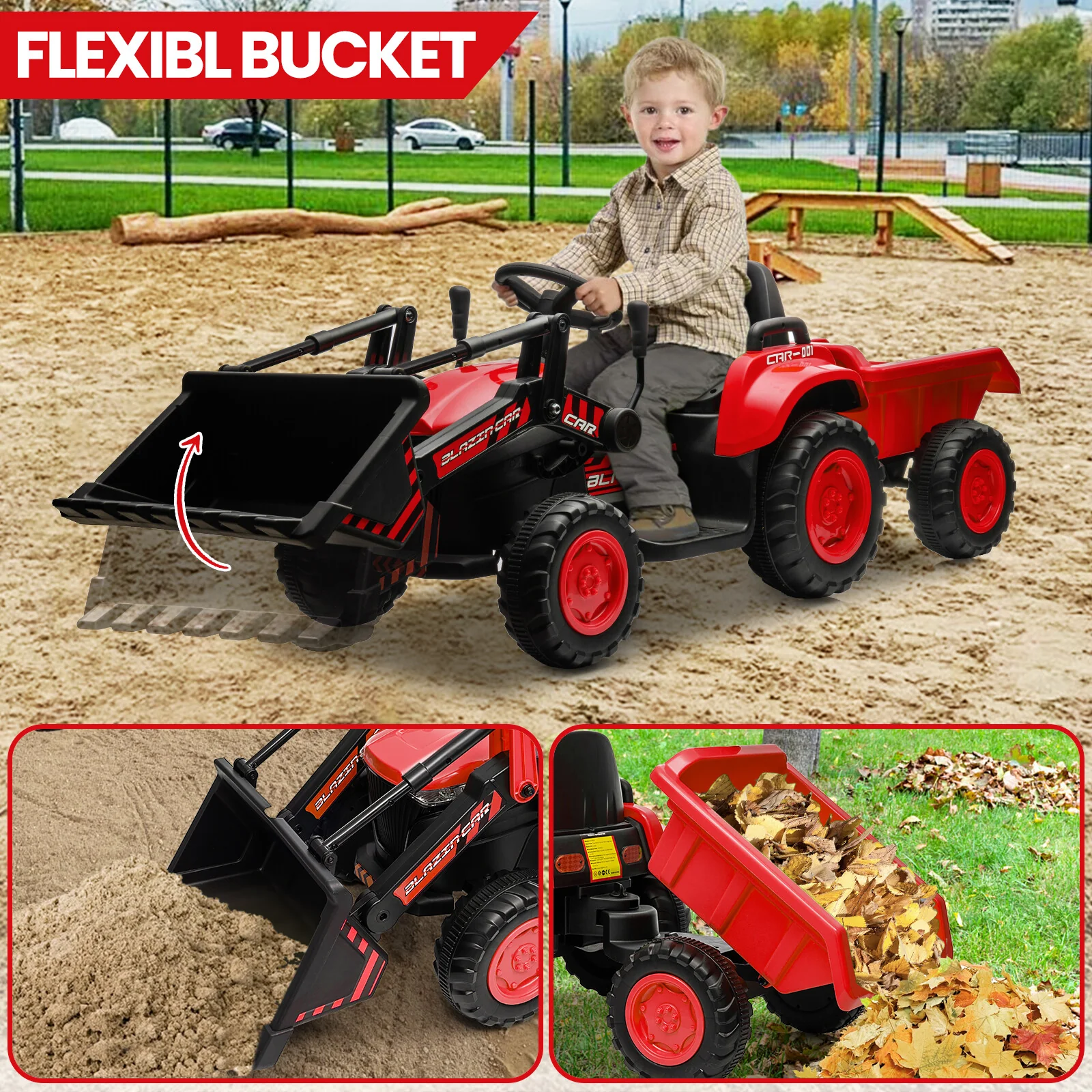 12V Kids Electric Ride-On Tractor and Bulldozer Vehicle with Trailer and Music - Image 20