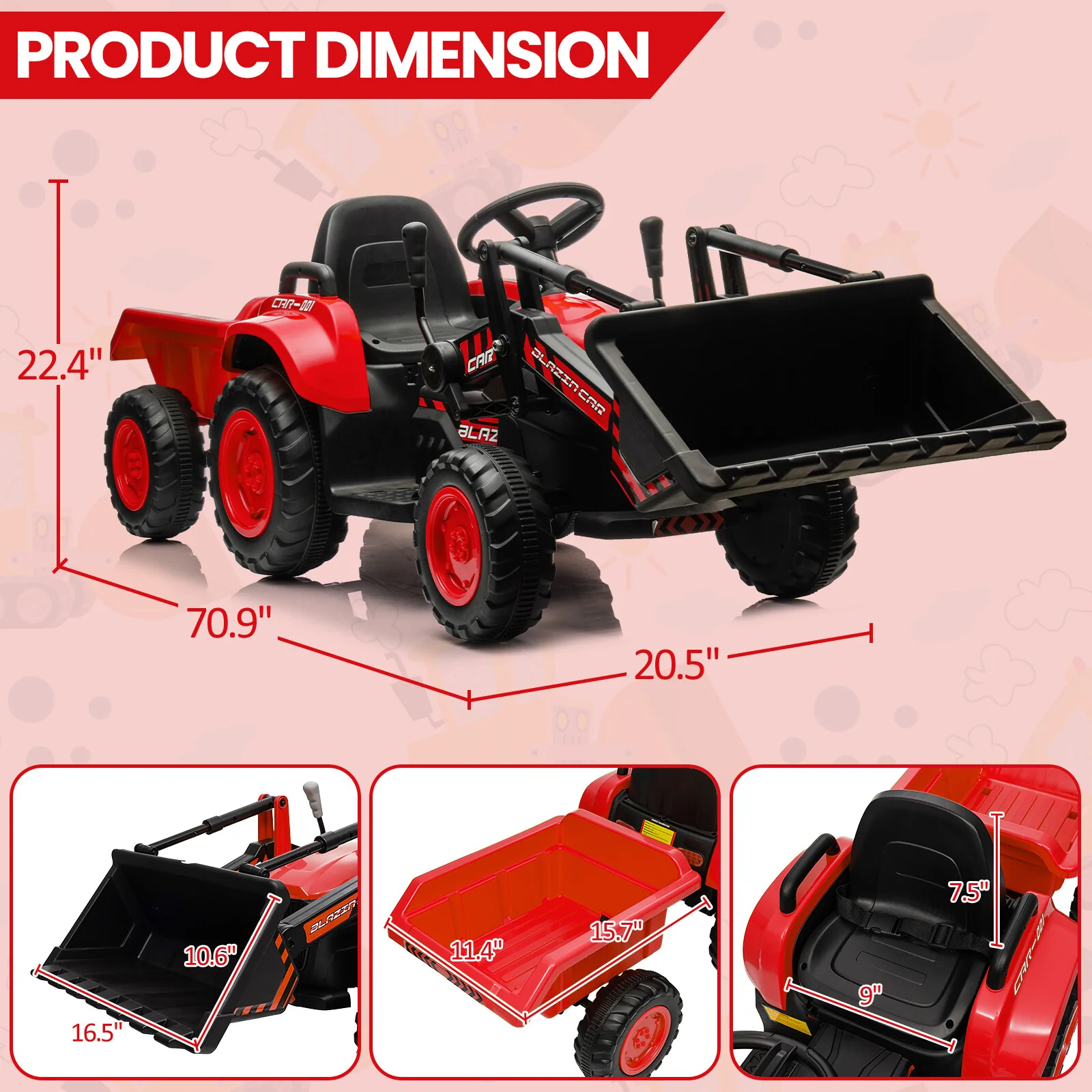 12V Kids Electric Ride-On Tractor and Bulldozer Vehicle with Trailer and Music - Image 21