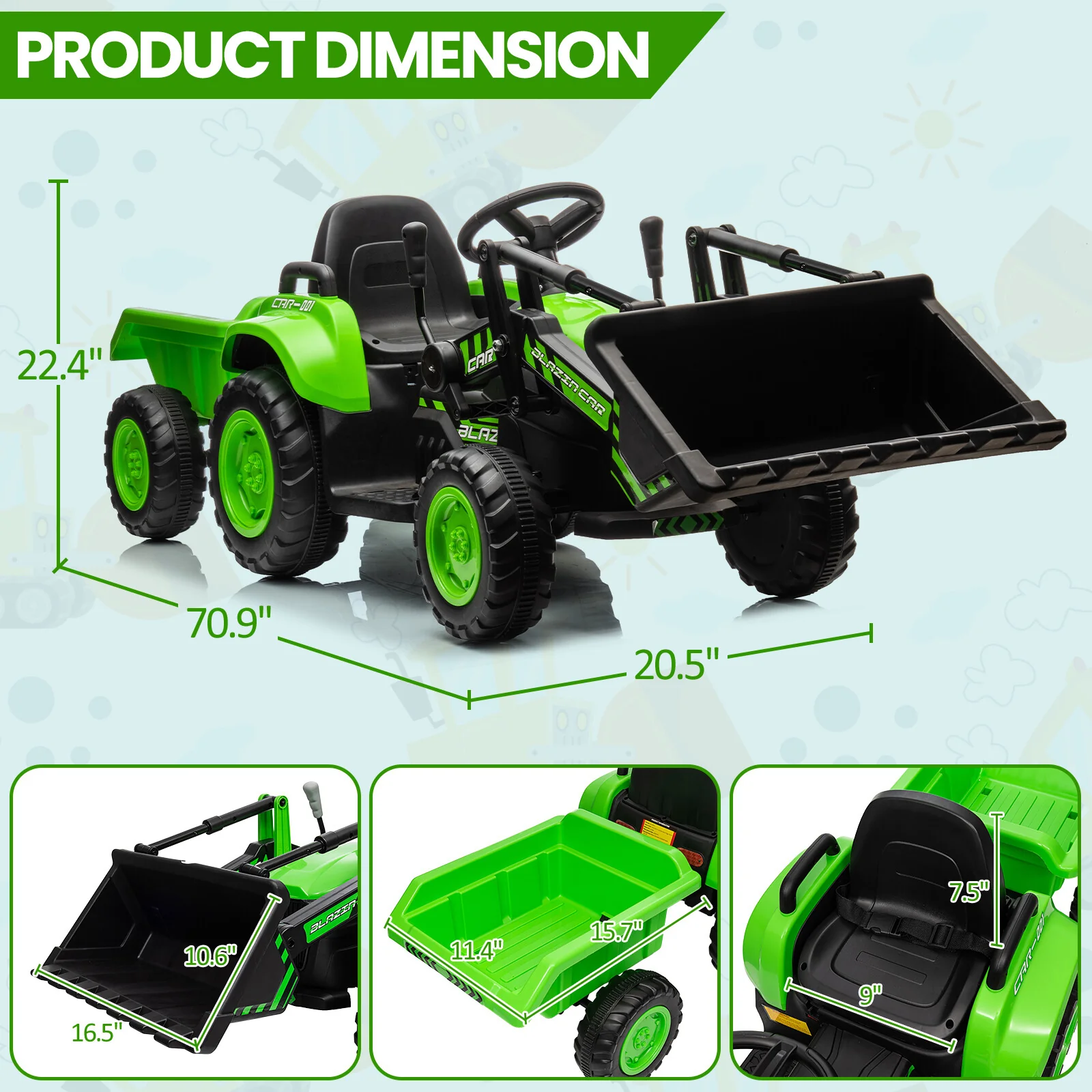 12V Kids Electric Ride-On Tractor and Bulldozer Vehicle with Trailer and Music - Image 5