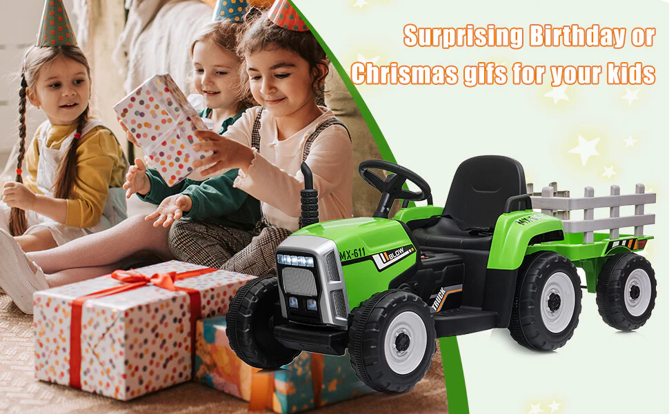 12V Battery-Powered Kids Ride-On Tractor Car with Remote Control and Trailer in Green - Image 14