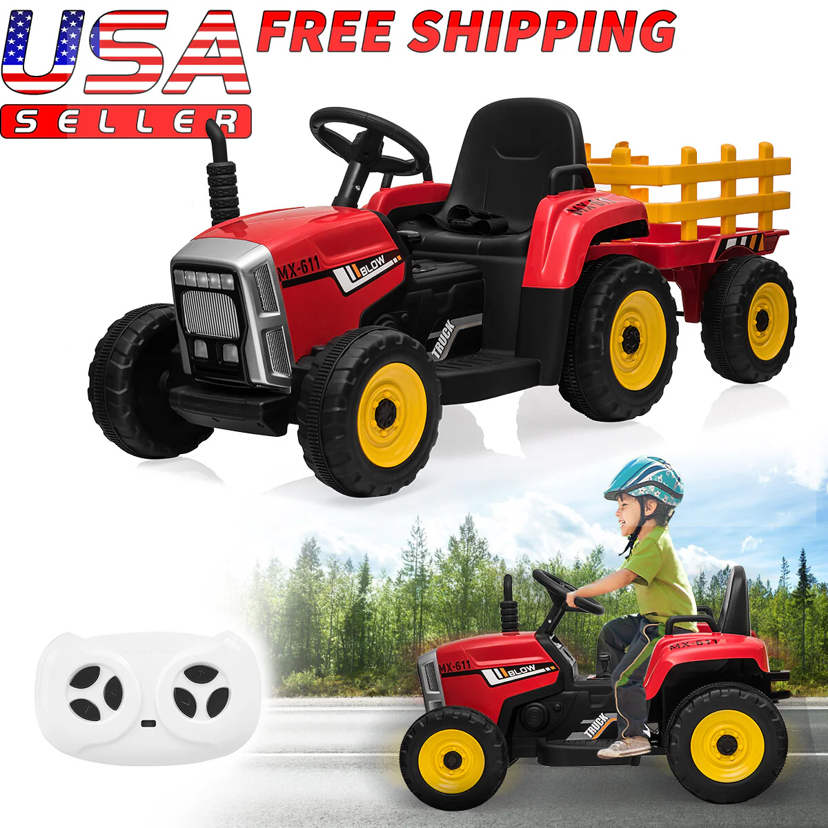 12V Kids Ride-On Electric Tractor Car with Trailer, Remote Control, LED Lights, and MP3 - Red - Image 15